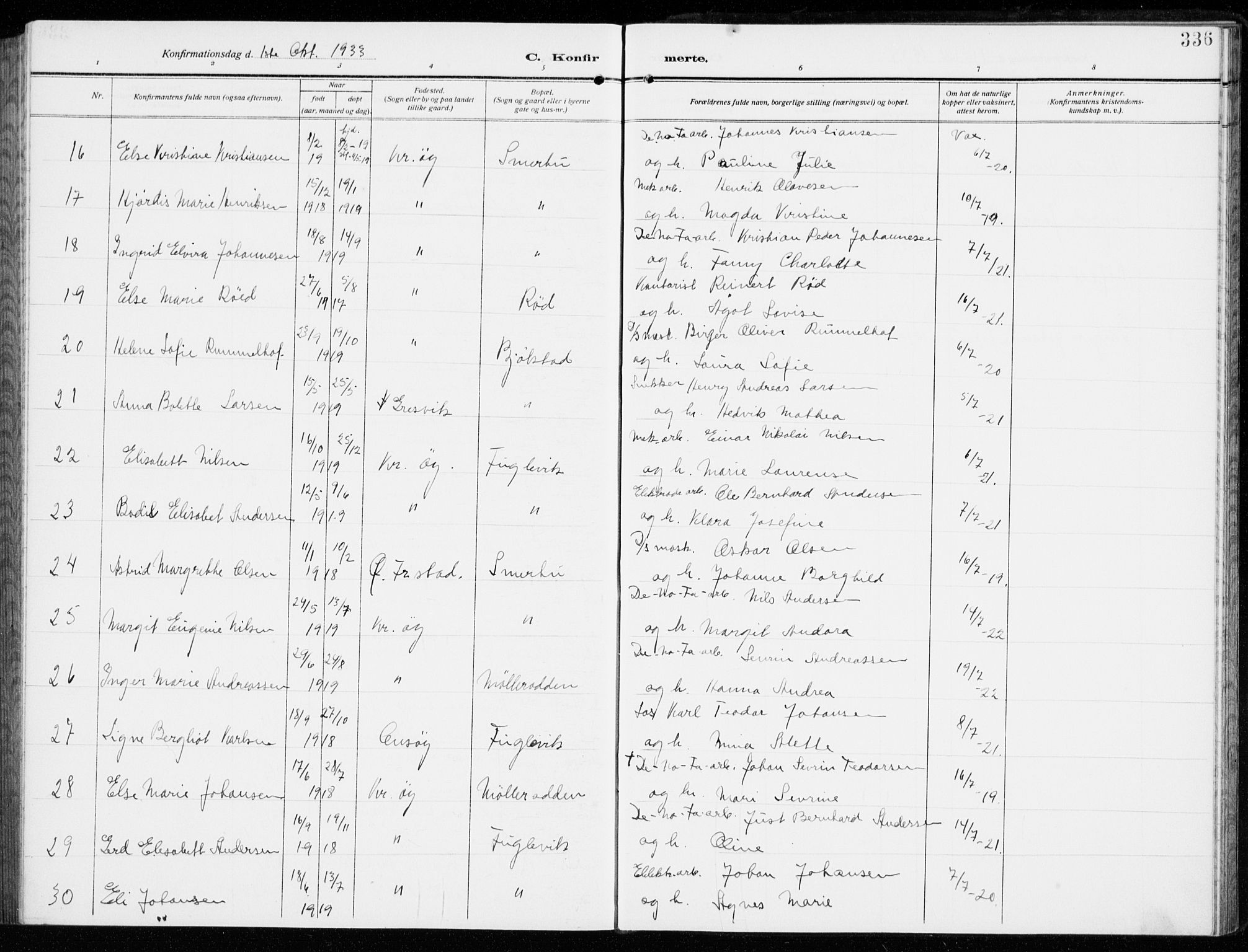 Kråkerøy prestekontor Kirkebøker, AV/SAO-A-10912/G/Ga/L0001: Klokkerbok nr. 1, 1908-1944, s. 336