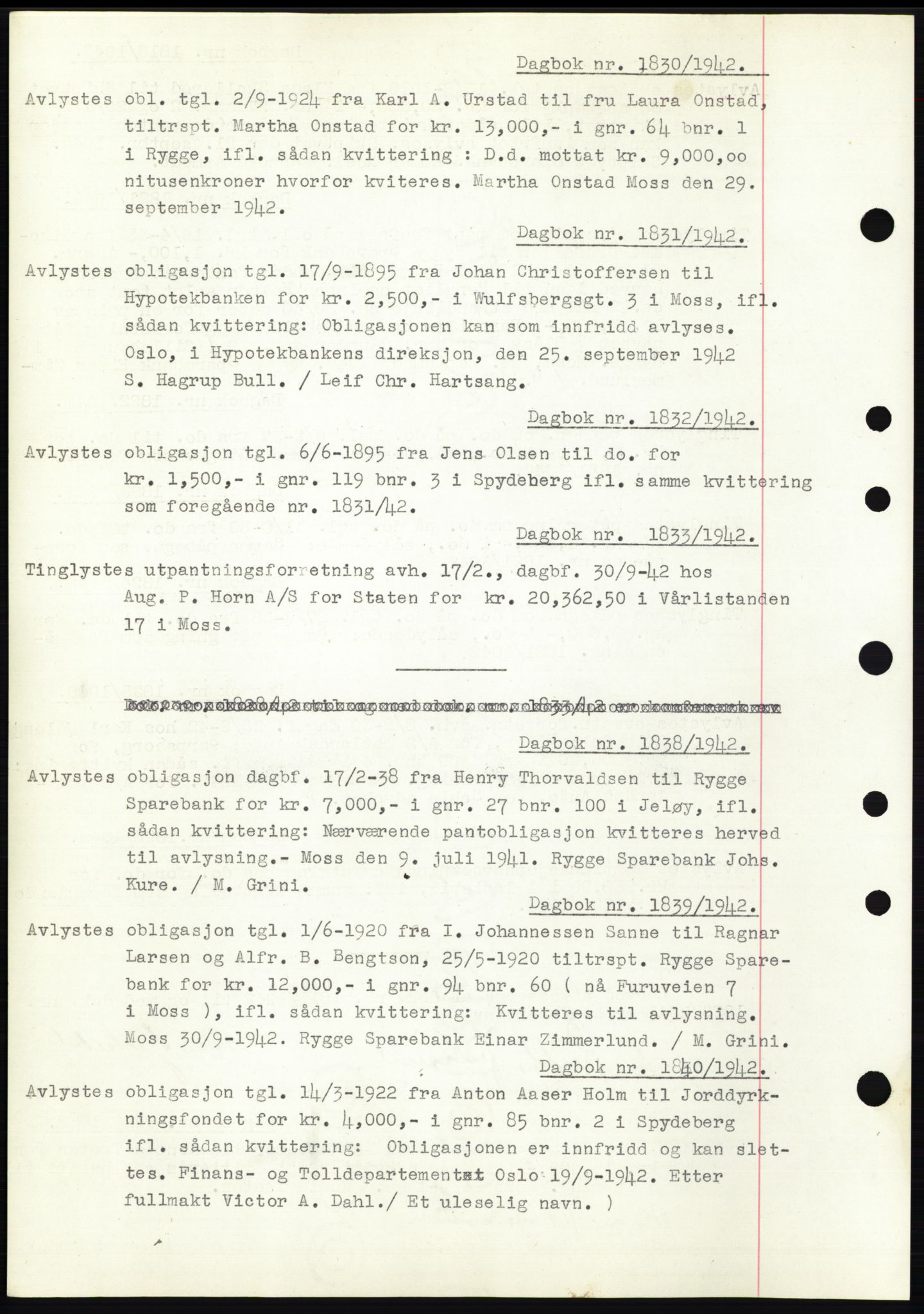 Moss sorenskriveri, SAO/A-10168: Pantebok nr. C10, 1938-1950, Dagboknr: 1830/1942