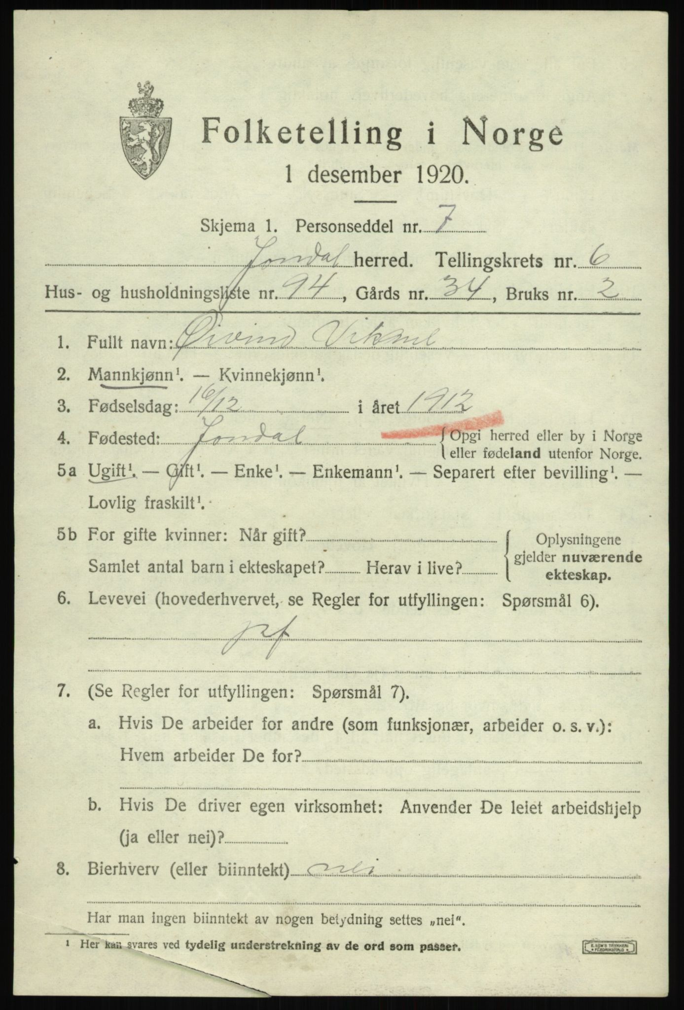 SAB, Folketelling 1920 for 1227 Jondal herred, 1920, s. 3744