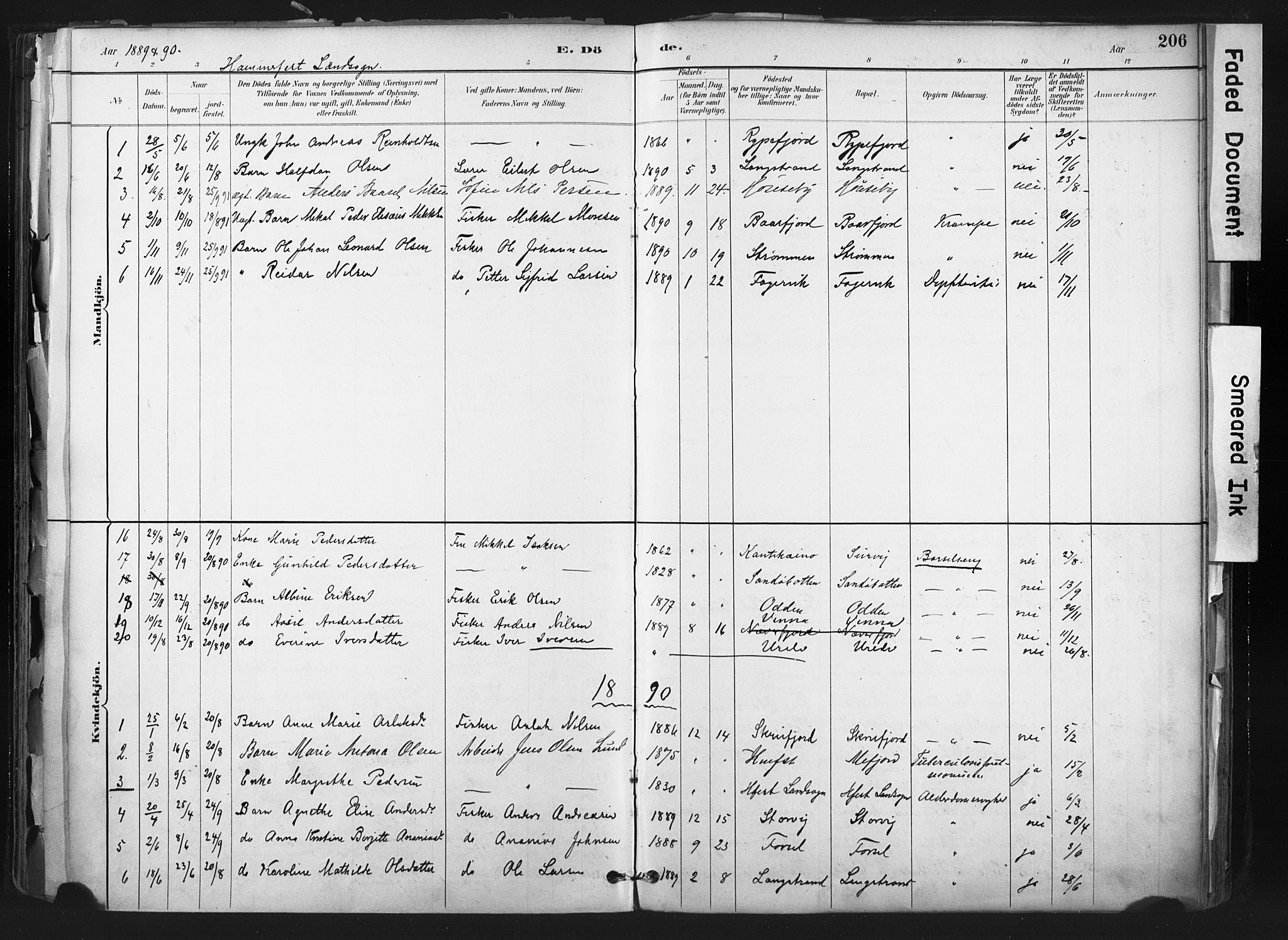 Hammerfest sokneprestkontor, AV/SATØ-S-1347/H/Ha/L0011.kirke: Ministerialbok nr. 11 /1, 1885-1897, s. 206