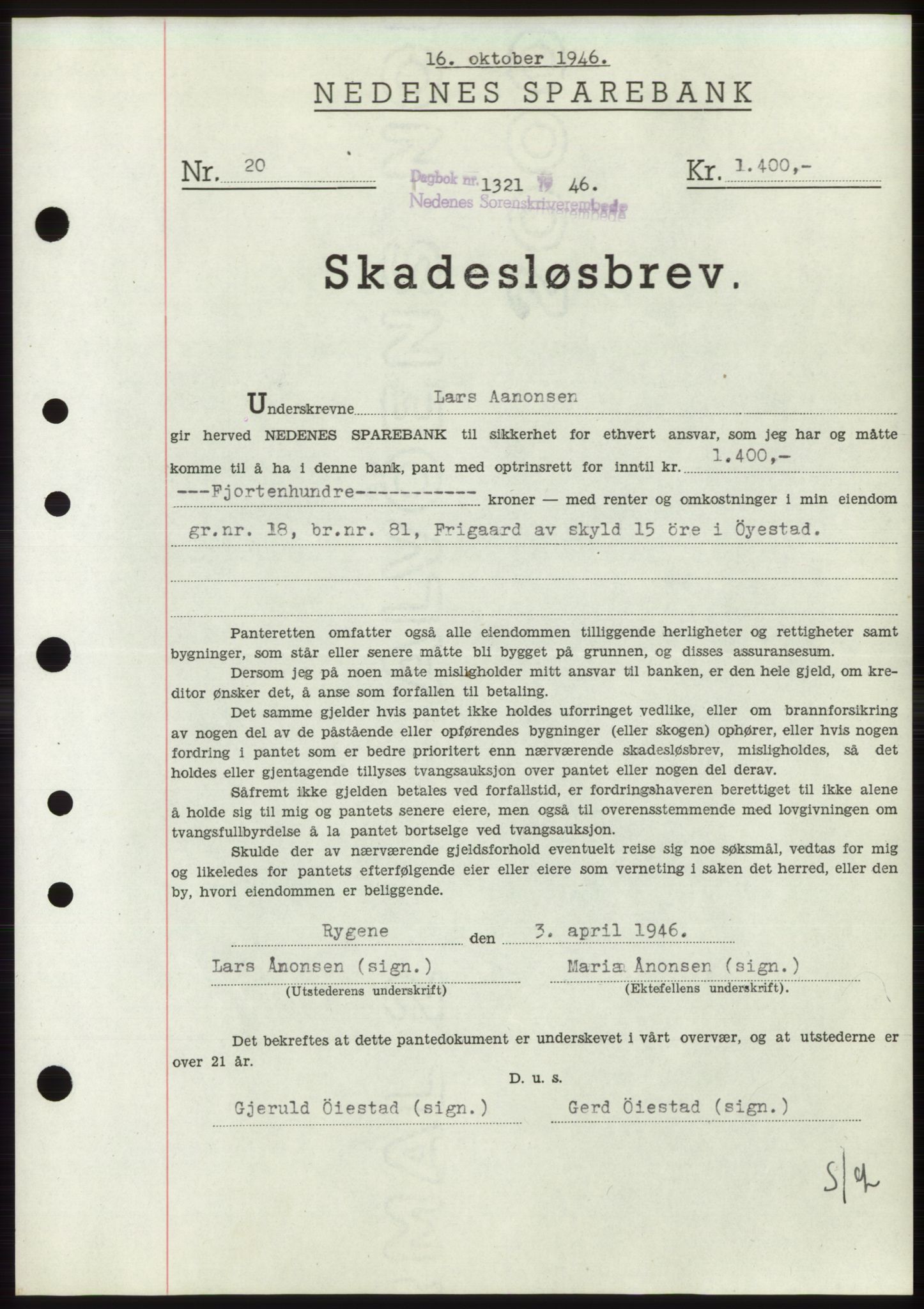 Nedenes sorenskriveri, SAK/1221-0006/G/Gb/Gbb/L0003: Pantebok nr. B3b, 1946-1946, Dagboknr: 1321/1946