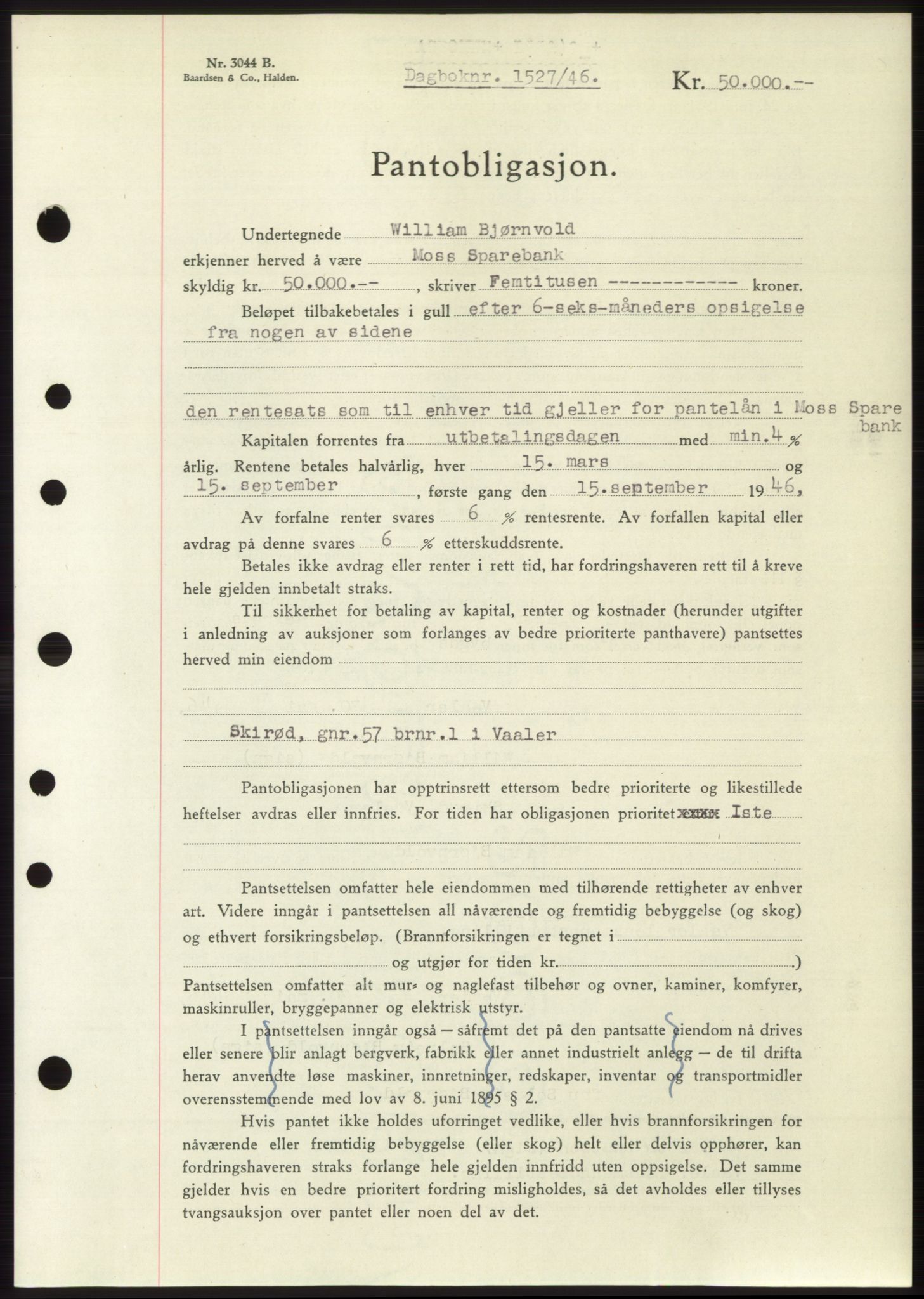 Moss sorenskriveri, SAO/A-10168: Pantebok nr. B15, 1946-1946, Dagboknr: 1527/1946