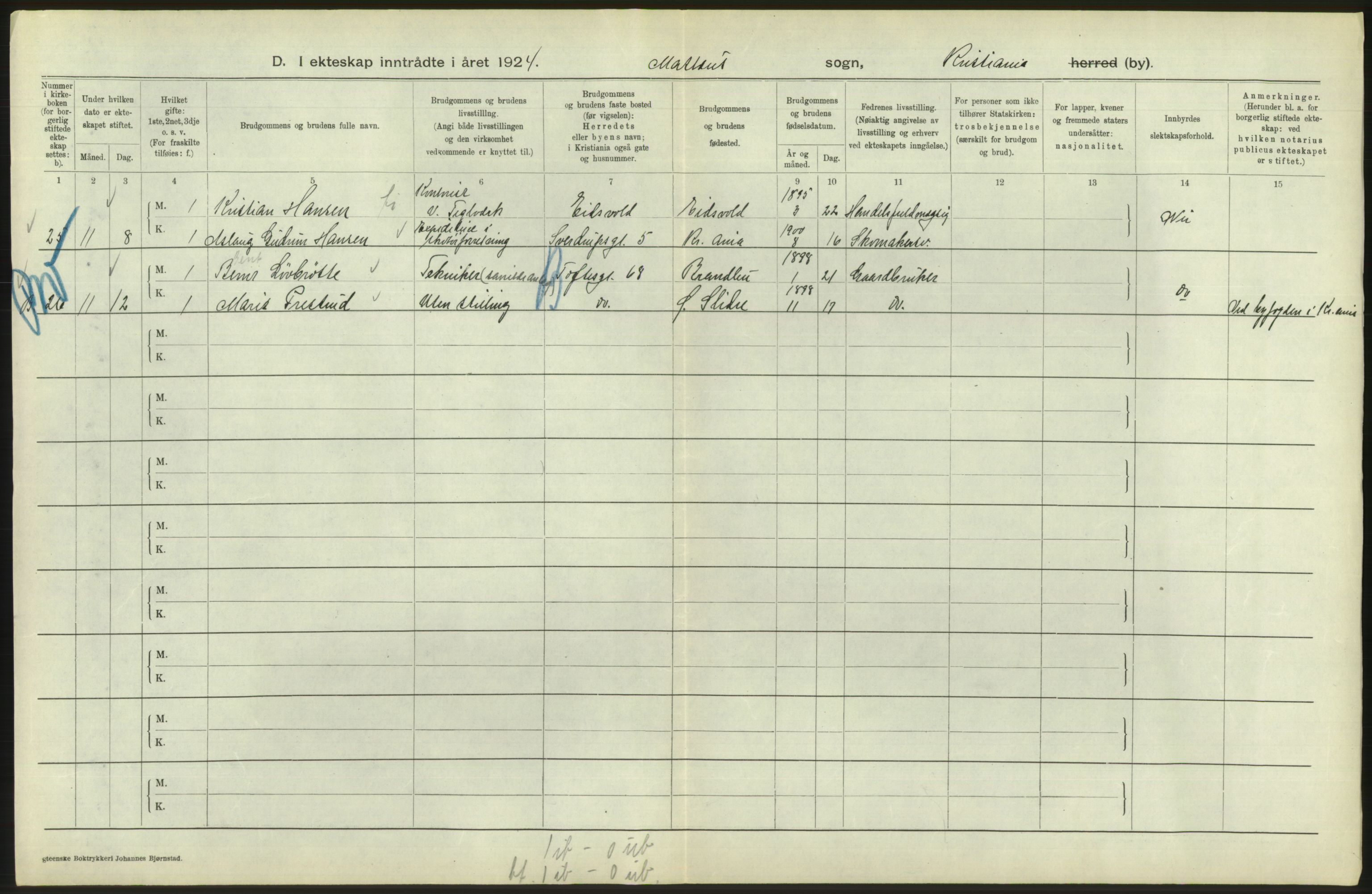 Statistisk sentralbyrå, Sosiodemografiske emner, Befolkning, AV/RA-S-2228/D/Df/Dfc/Dfcd/L0007: Kristiania: Gifte, 1924, s. 770