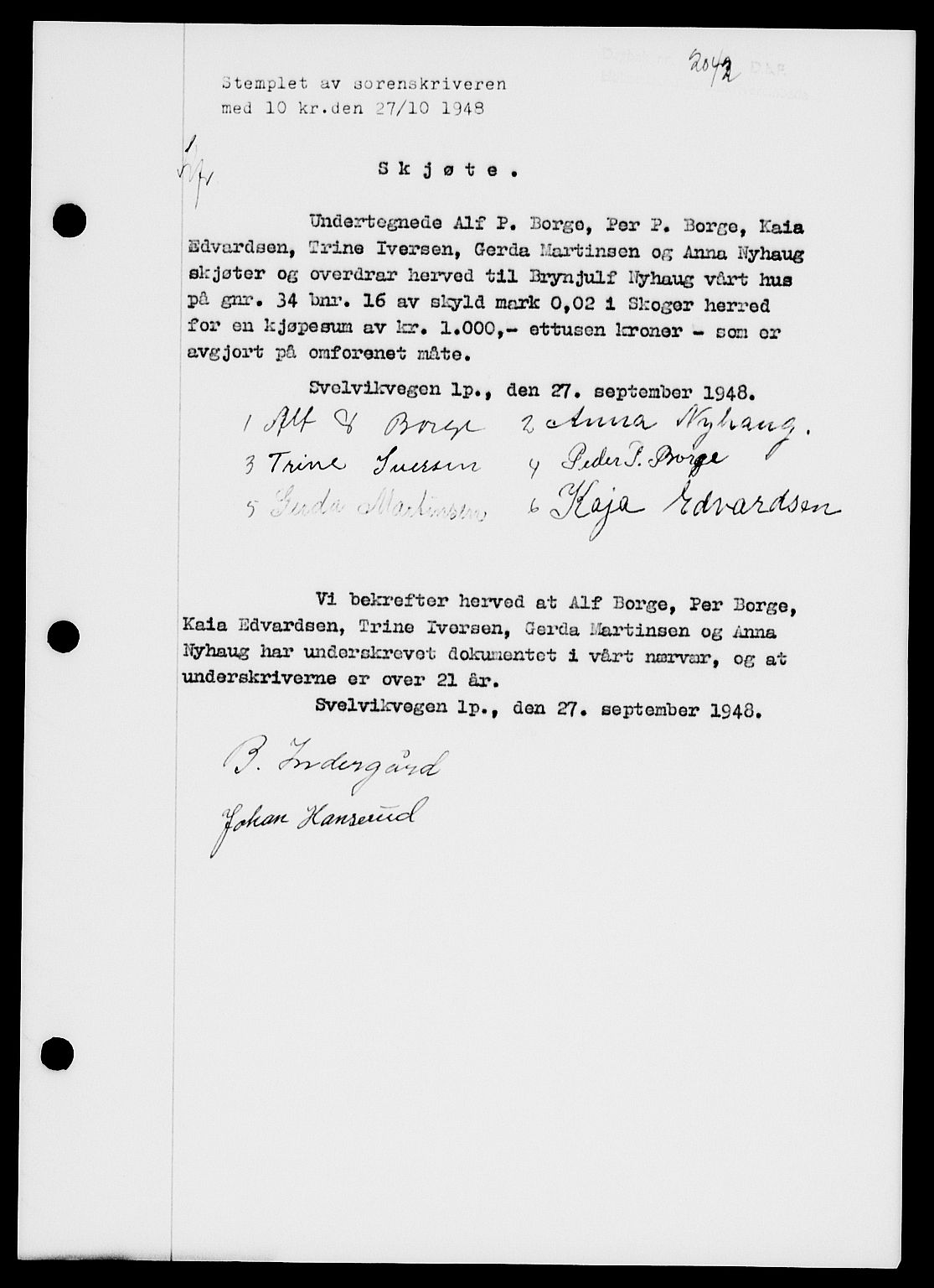 Holmestrand sorenskriveri, SAKO/A-67/G/Ga/Gaa/L0065: Pantebok nr. A-65, 1948-1949, Dagboknr: 2042/1948