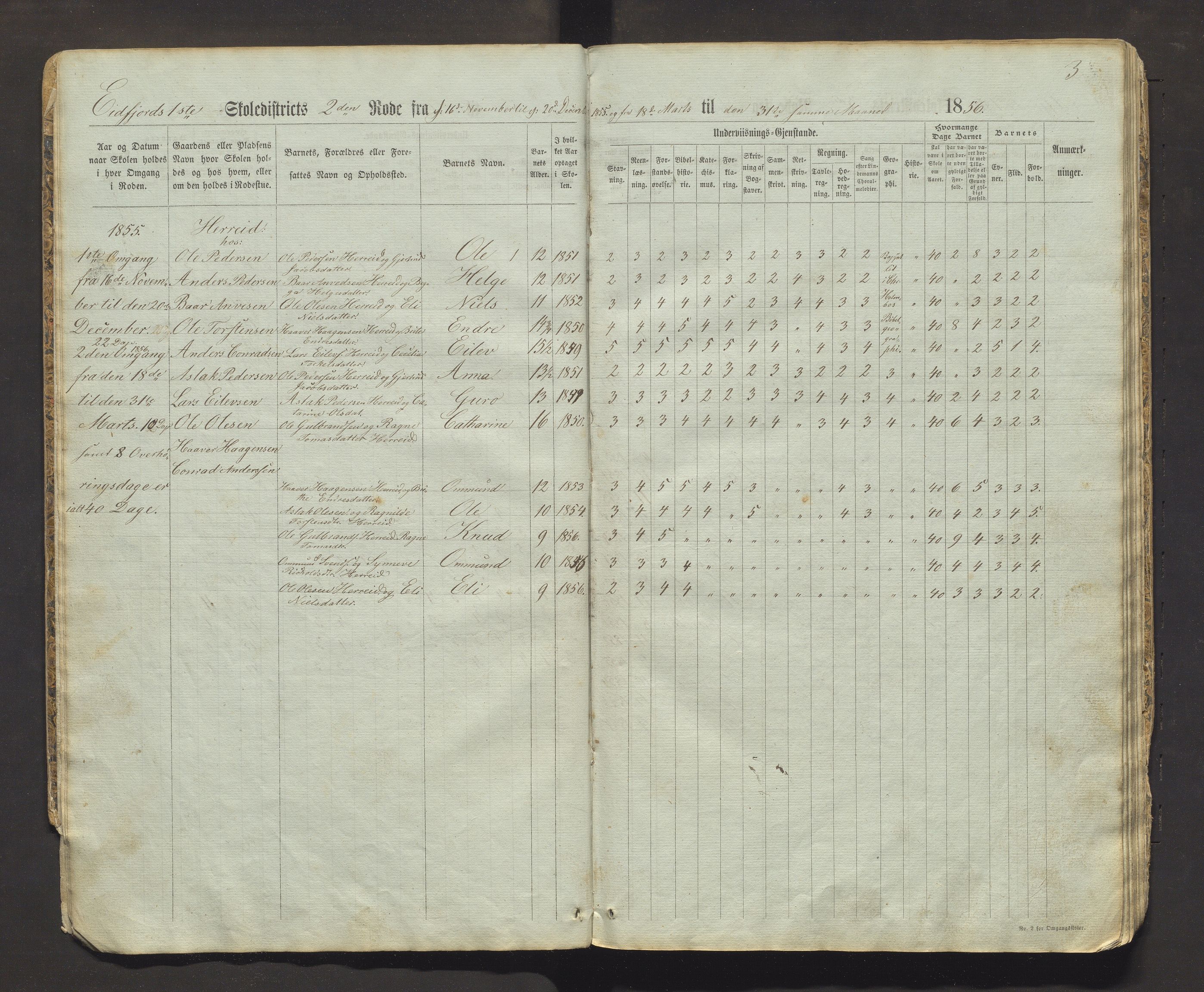 Eidfjord kommune. Barneskulane, IKAH/1232-231/F/Fa/L0001: Skuleprotokoll for Eidfjord 1. og 3. skuledistrikt, 1856-1869