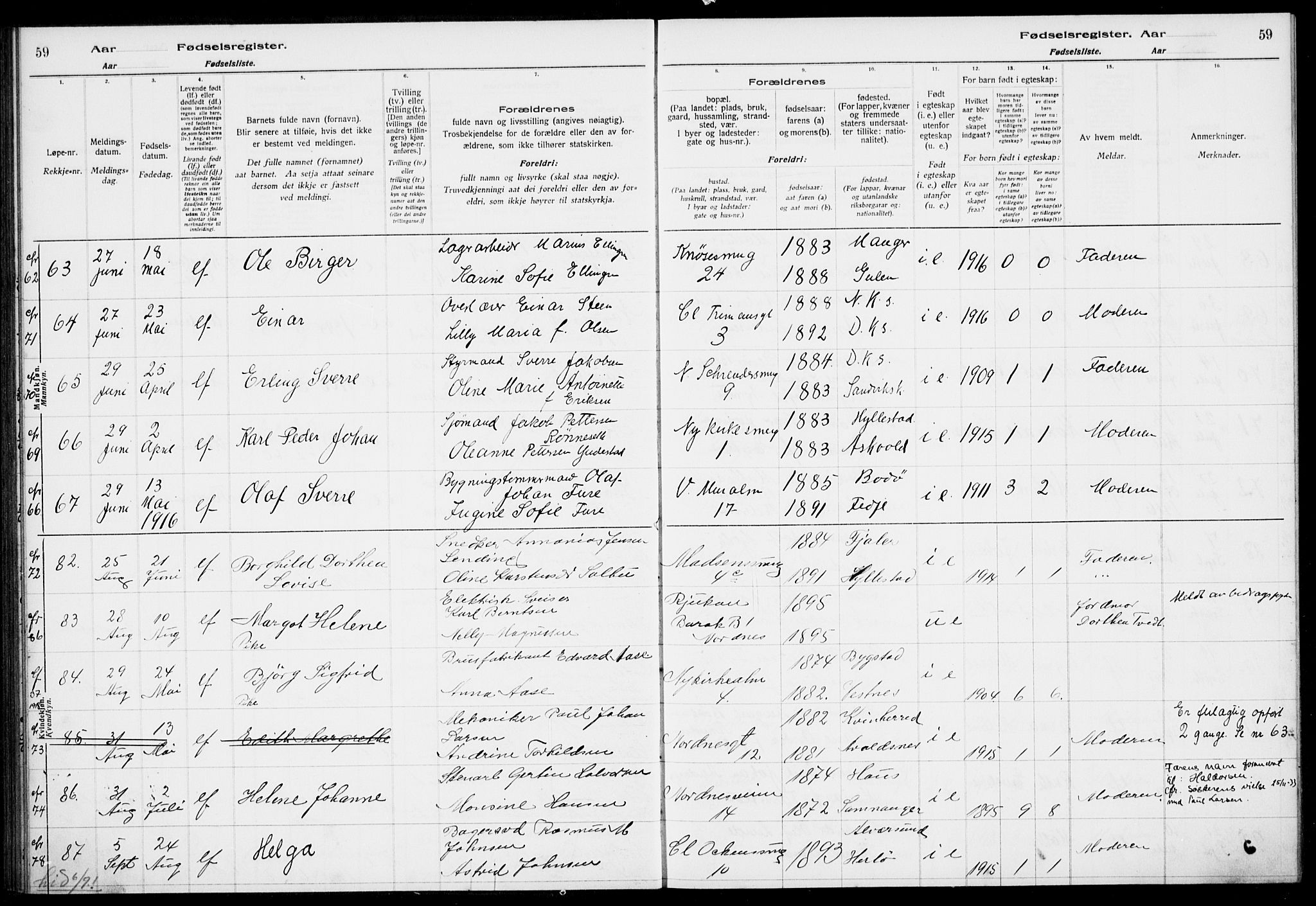 Nykirken Sokneprestembete, SAB/A-77101/I/Id/L00A1: Fødselsregister nr. A 1, 1916-1922, s. 59