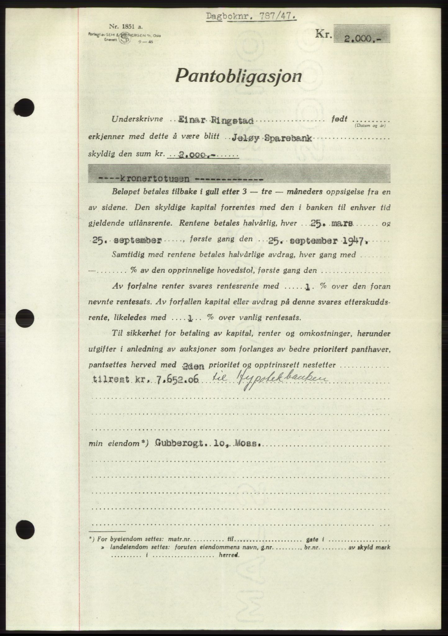 Moss sorenskriveri, SAO/A-10168: Pantebok nr. B16, 1946-1947, Dagboknr: 787/1947