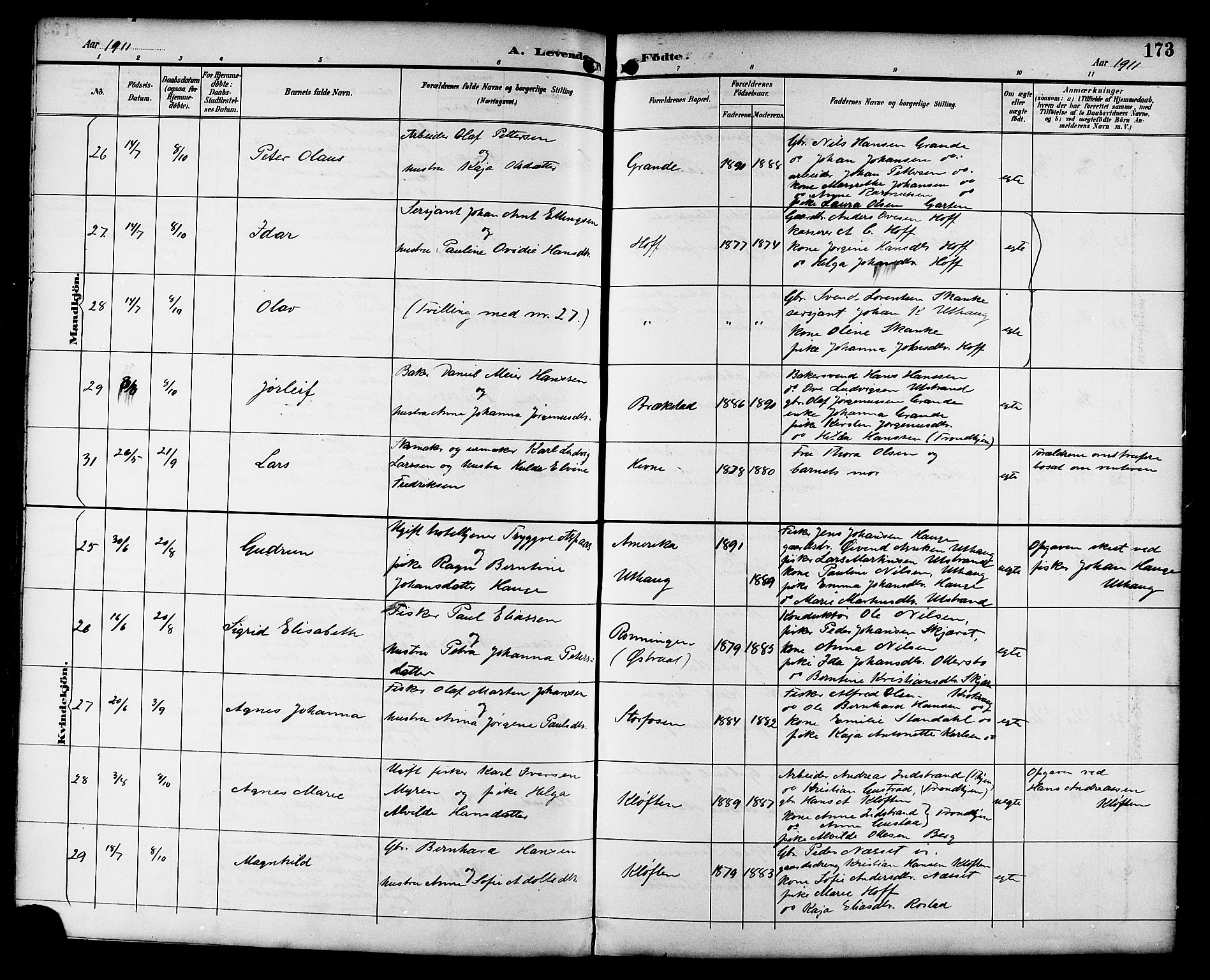 Ministerialprotokoller, klokkerbøker og fødselsregistre - Sør-Trøndelag, AV/SAT-A-1456/659/L0746: Klokkerbok nr. 659C03, 1893-1912, s. 173