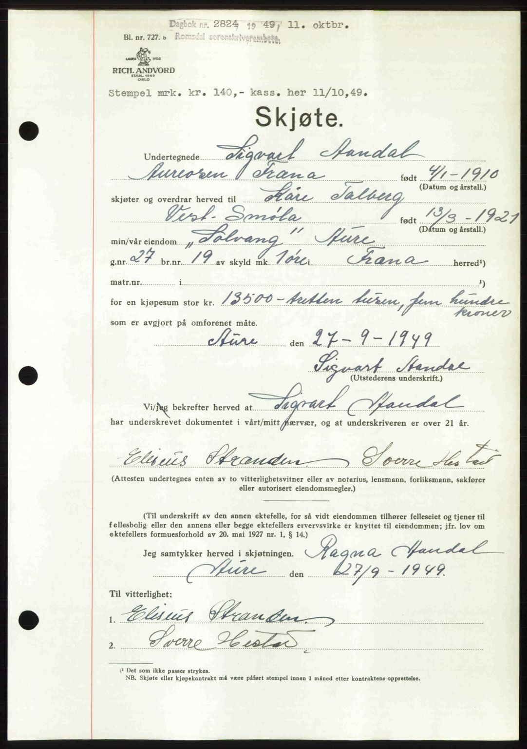 Romsdal sorenskriveri, SAT/A-4149/1/2/2C: Pantebok nr. A31, 1949-1949, Dagboknr: 2824/1949