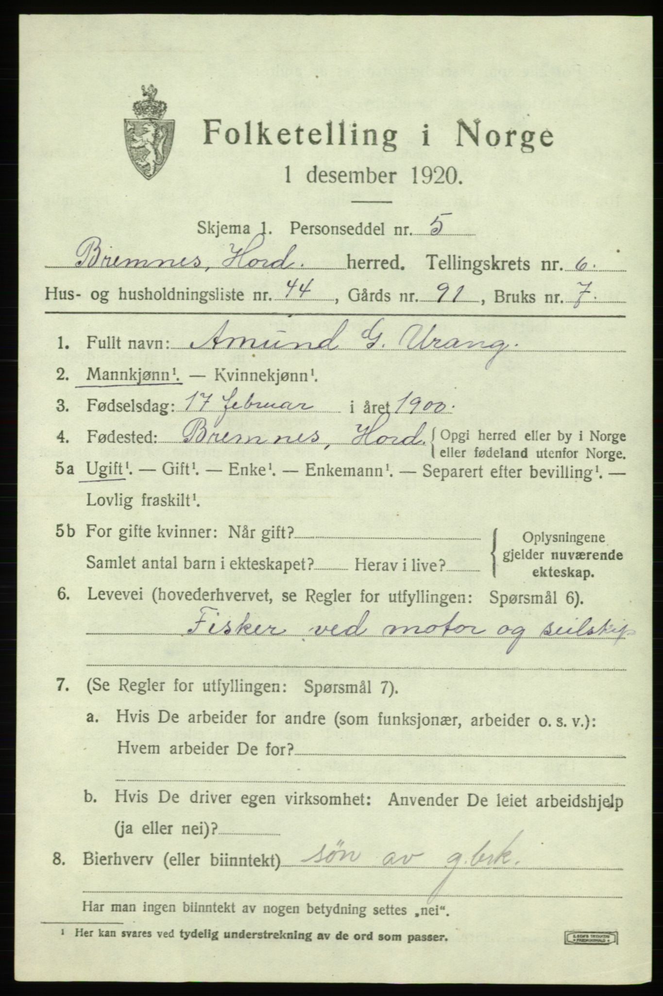 SAB, Folketelling 1920 for 1220 Bremnes herred, 1920, s. 3836