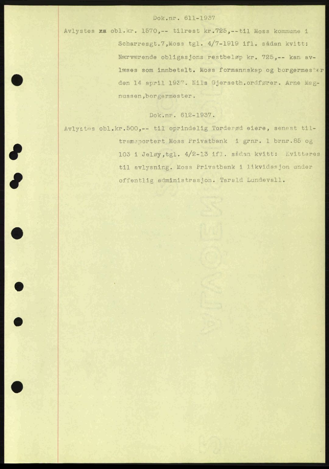 Moss sorenskriveri, SAO/A-10168: Pantebok nr. B3, 1937-1937, Dagboknr: 611/1937