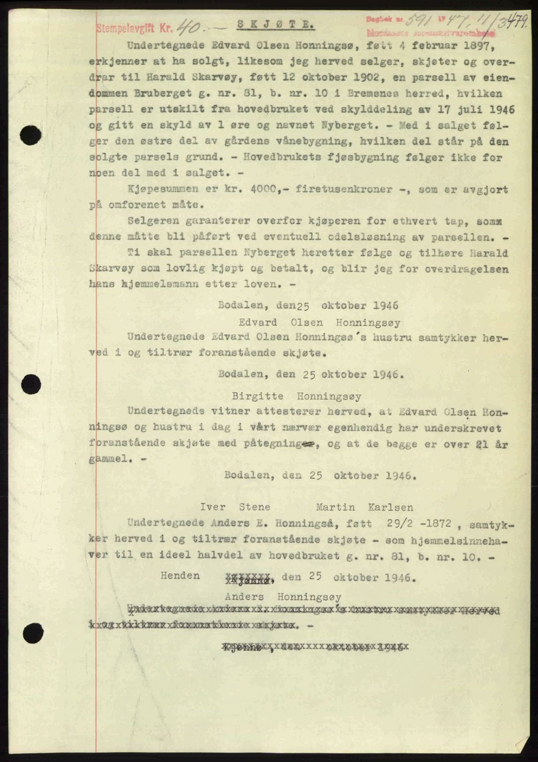 Nordmøre sorenskriveri, SAT/A-4132/1/2/2Ca: Pantebok nr. A104, 1947-1947, Dagboknr: 591/1947