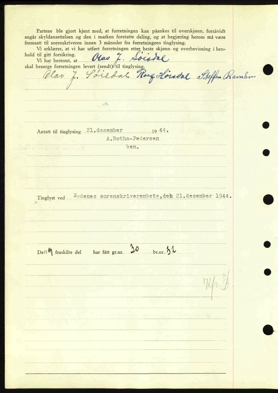 Nedenes sorenskriveri, AV/SAK-1221-0006/G/Gb/Gba/L0052: Pantebok nr. A6a, 1944-1945, Dagboknr: 1087/1944