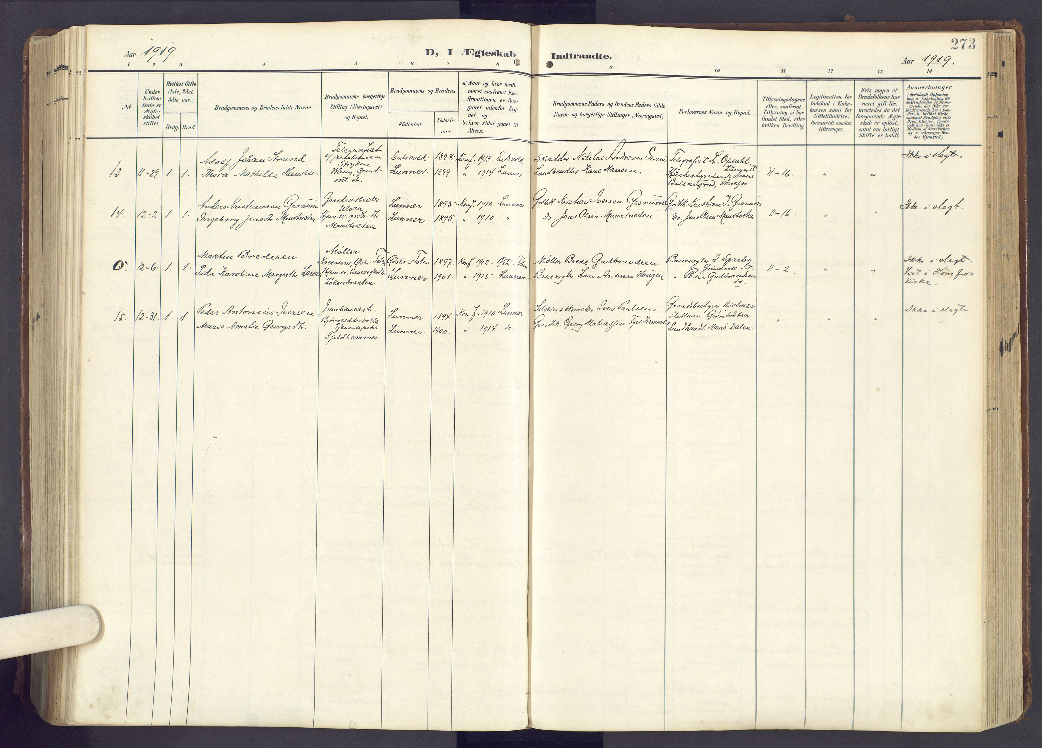 Lunner prestekontor, SAH/PREST-118/H/Ha/Haa/L0001: Ministerialbok nr. 1, 1907-1922, s. 273