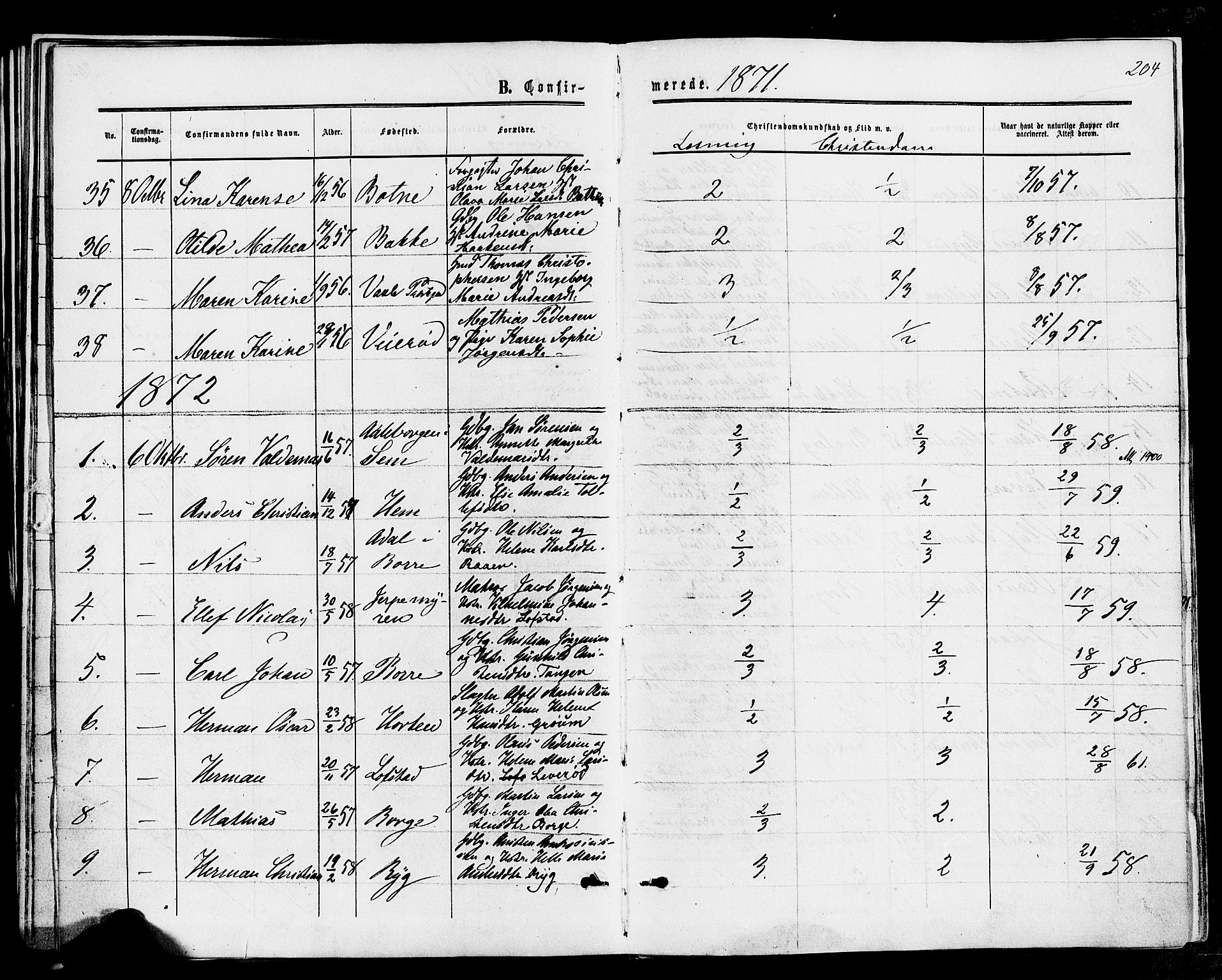 Våle kirkebøker, AV/SAKO-A-334/F/Fa/L0010: Ministerialbok nr. I 10, 1861-1877, s. 204