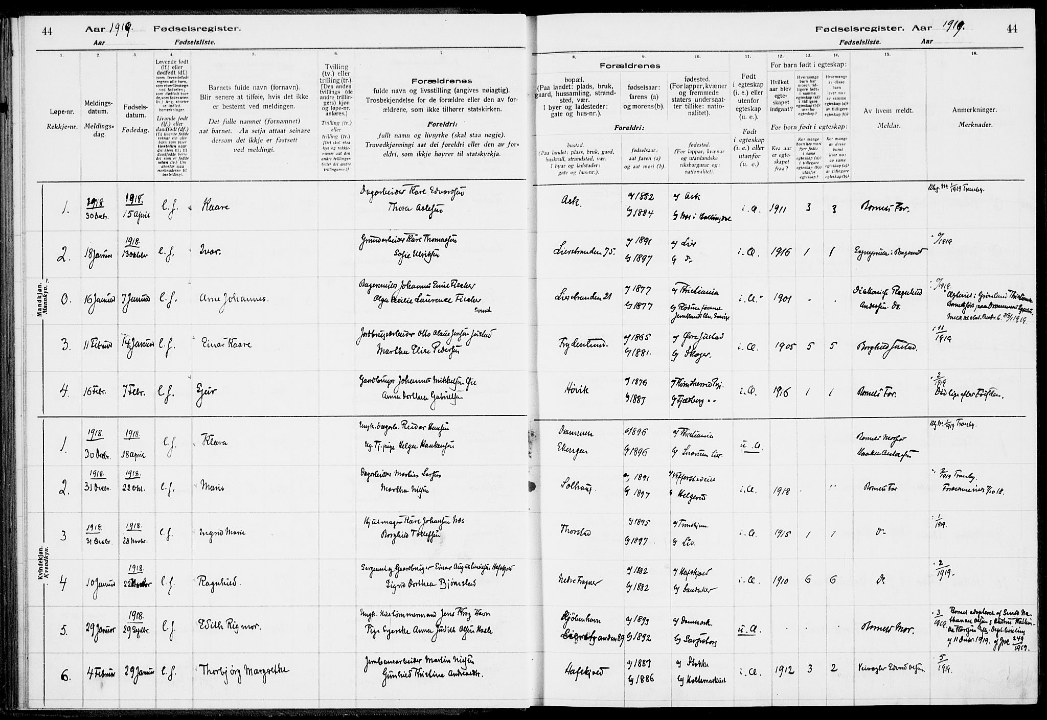 Lier kirkebøker, AV/SAKO-A-230/J/Ja/L0001: Fødselsregister nr. 1, 1916-1928, s. 44