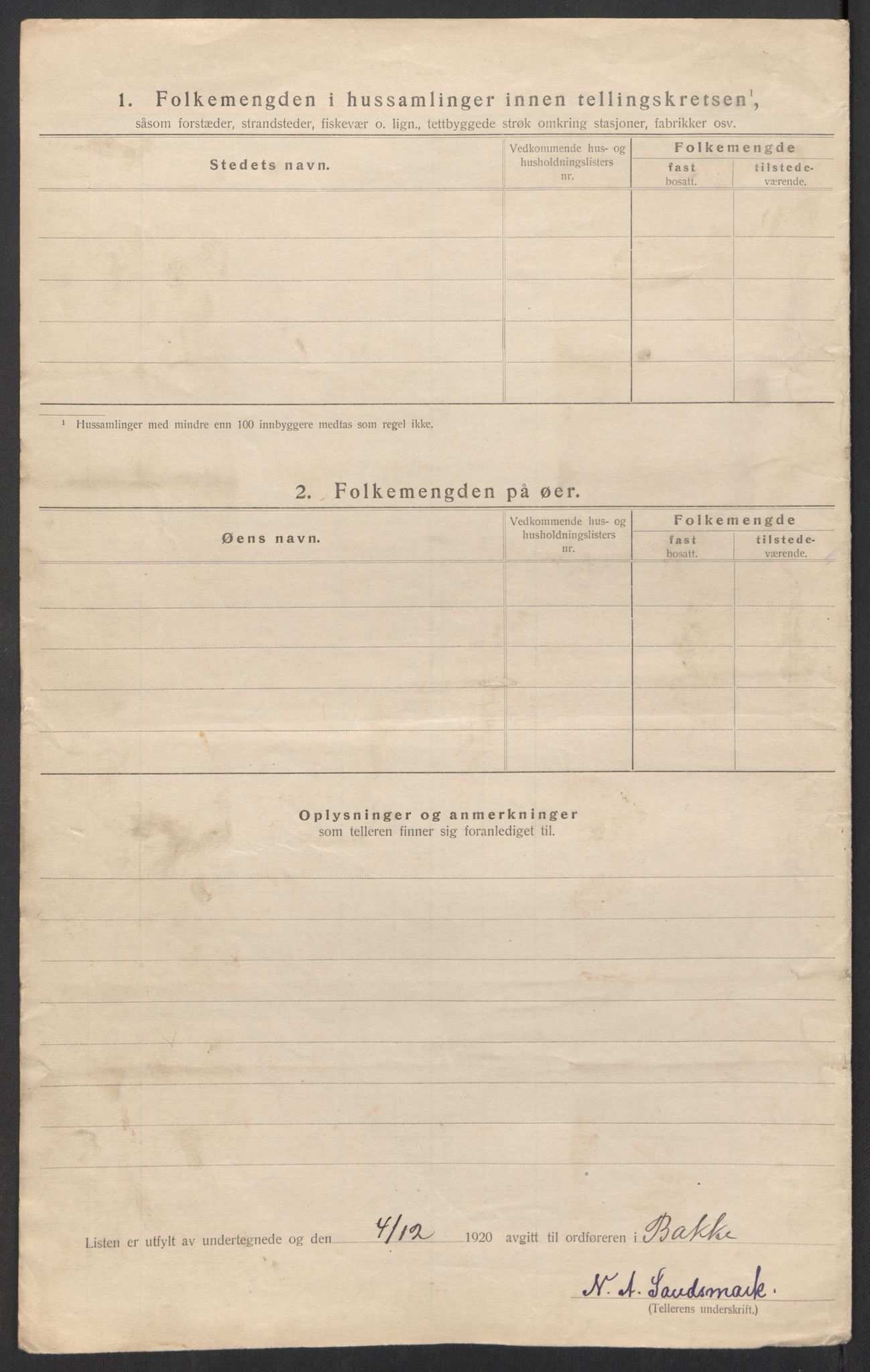 SAK, Folketelling 1920 for 1045 Bakke herred, 1920, s. 20