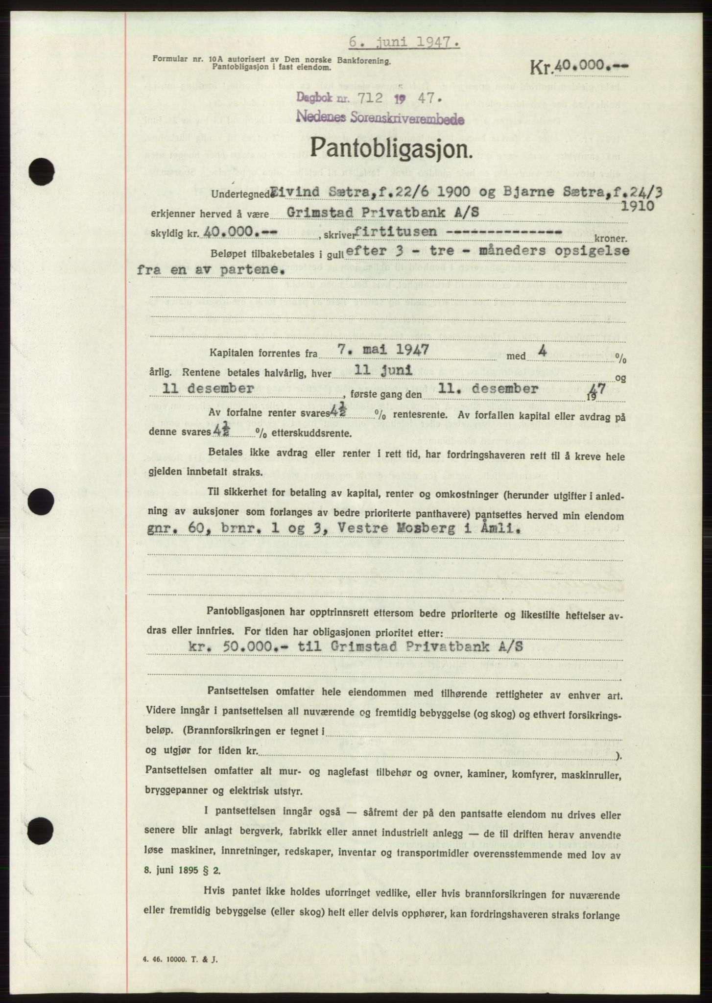 Nedenes sorenskriveri, AV/SAK-1221-0006/G/Gb/Gbb/L0004: Pantebok nr. B4, 1947-1947, Dagboknr: 712/1947