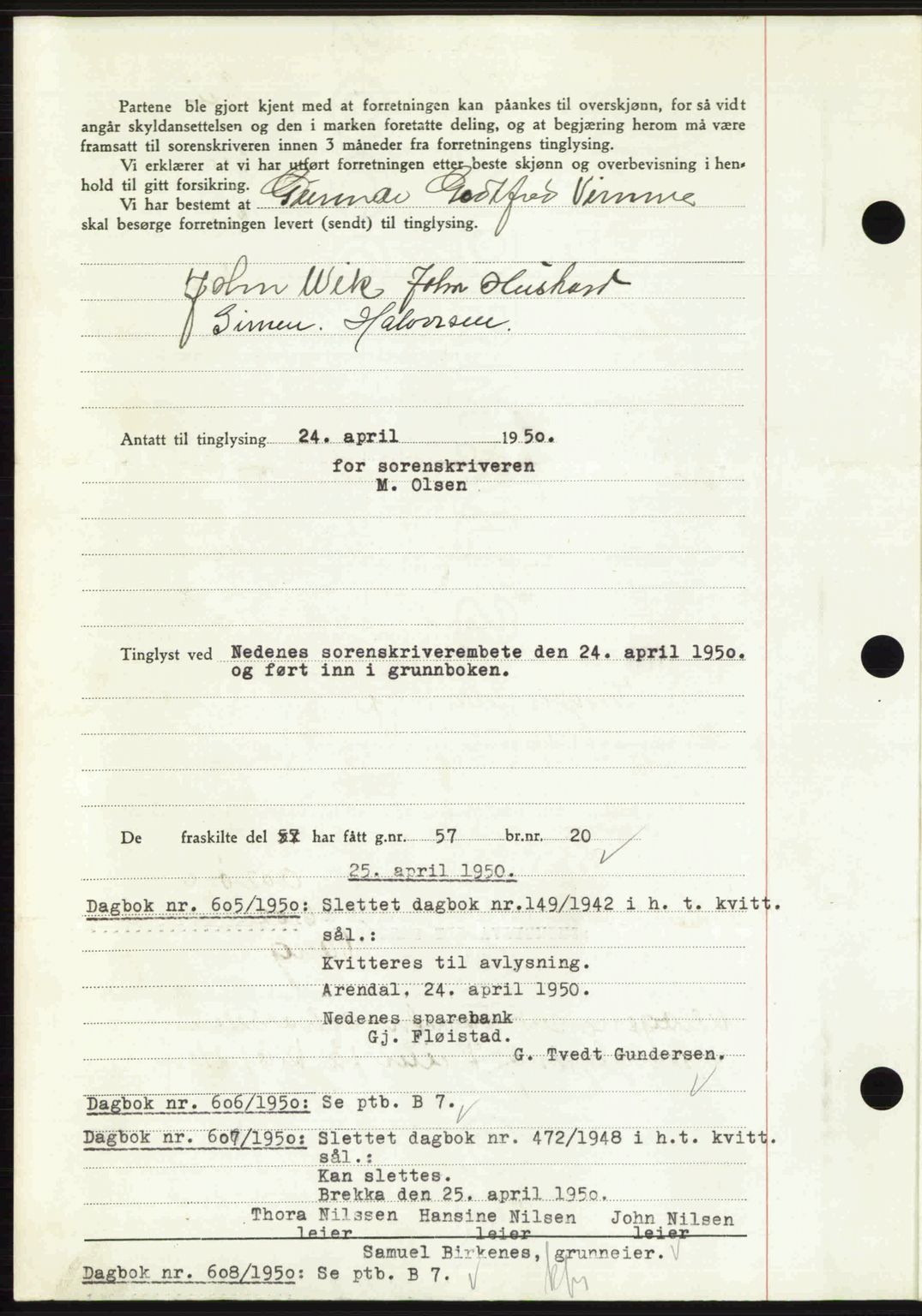Nedenes sorenskriveri, AV/SAK-1221-0006/G/Gb/Gba/L0062: Pantebok nr. A14, 1949-1950, Dagboknr: 604/1950