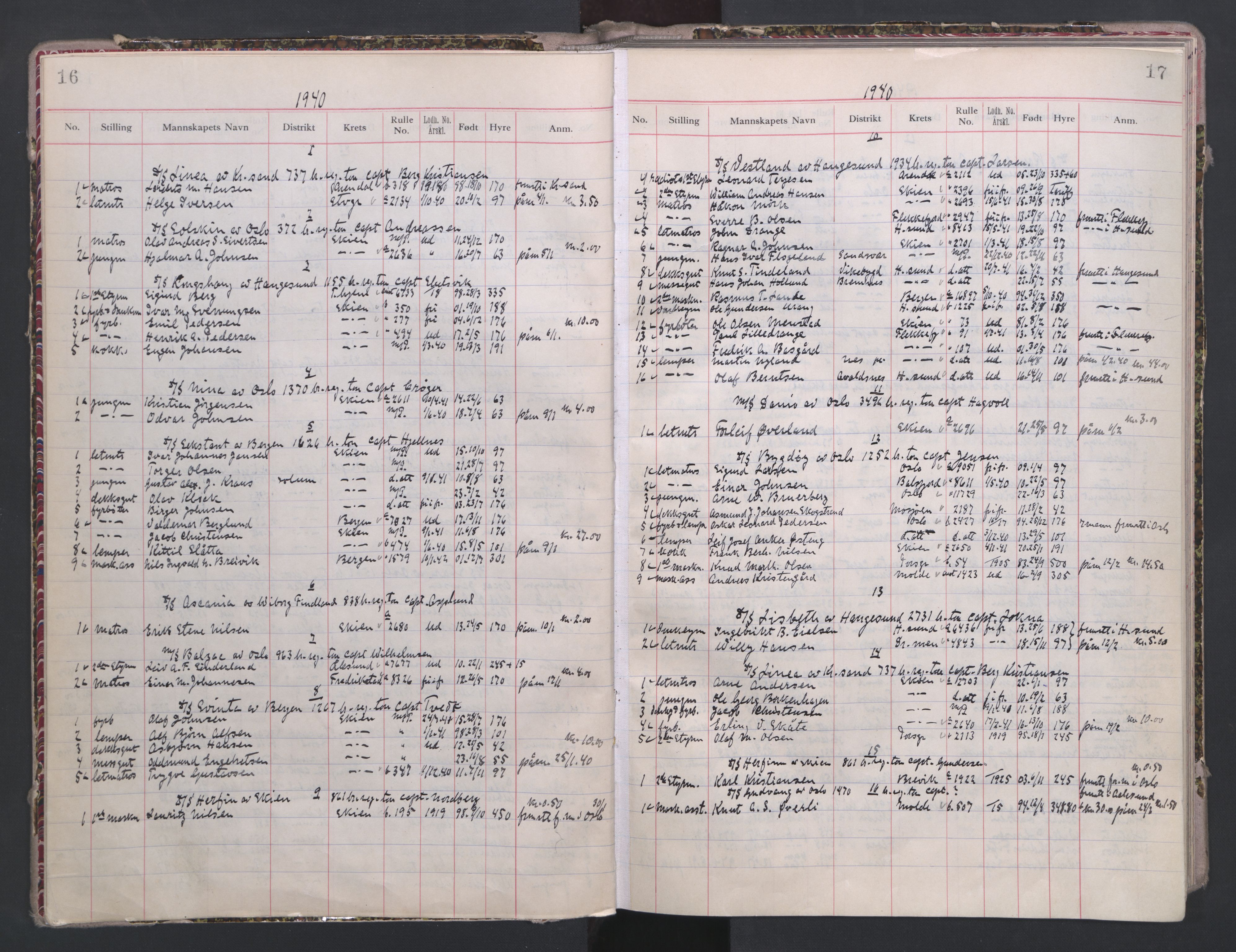 Skien innrulleringskontor, AV/SAKO-A-832/H/Ha/L0006: Mønstringsjournal, 1937-1962, s. 16-17