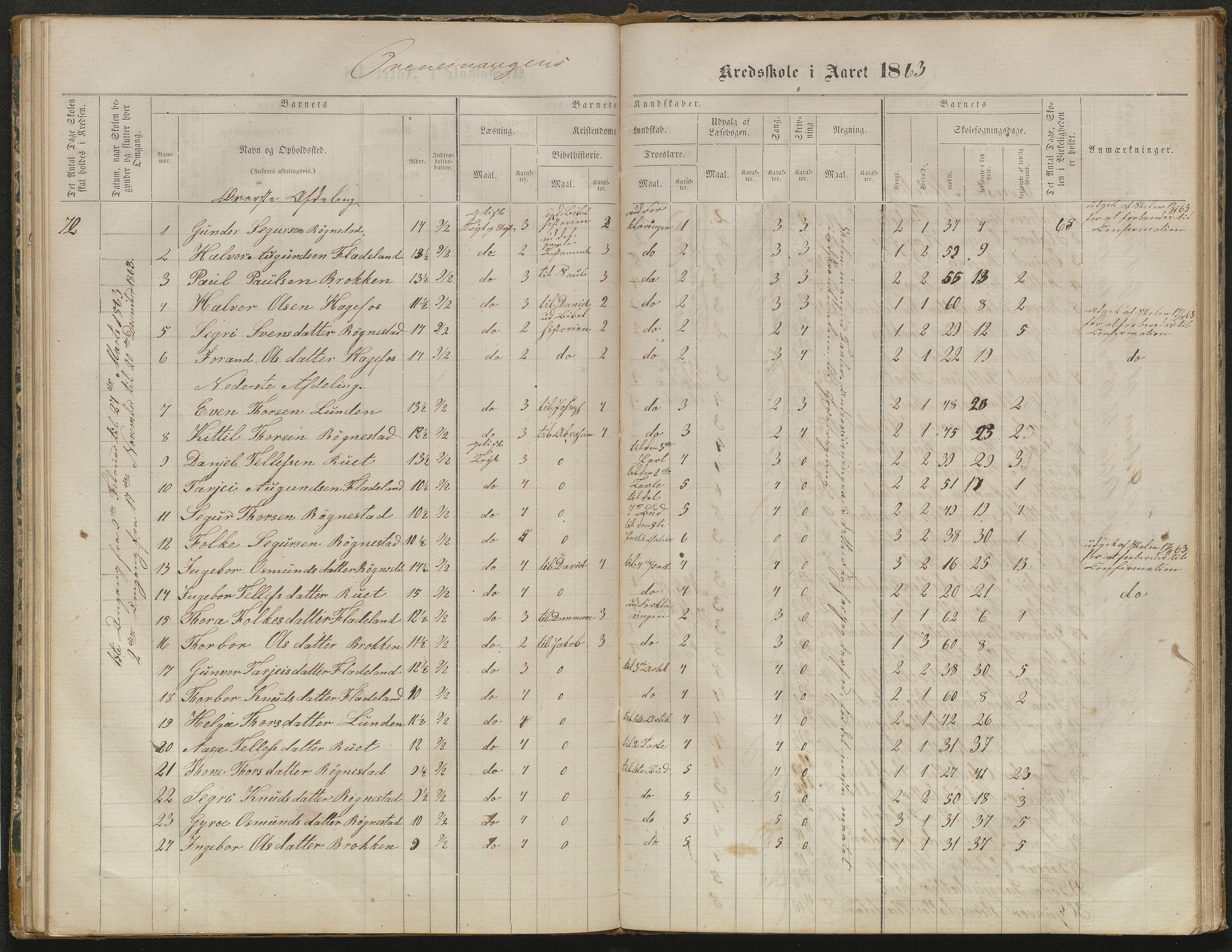 Valle kommune, AAKS/KA0940-PK/03/L0052: Karakterprotokoll for Homme skule. Karakterprotokoll for Oveinang skule. Karakterprotokoll for Tveitebø skule. Karakterprotokoll for den frivillige undervisning i Homme, 1863-1882