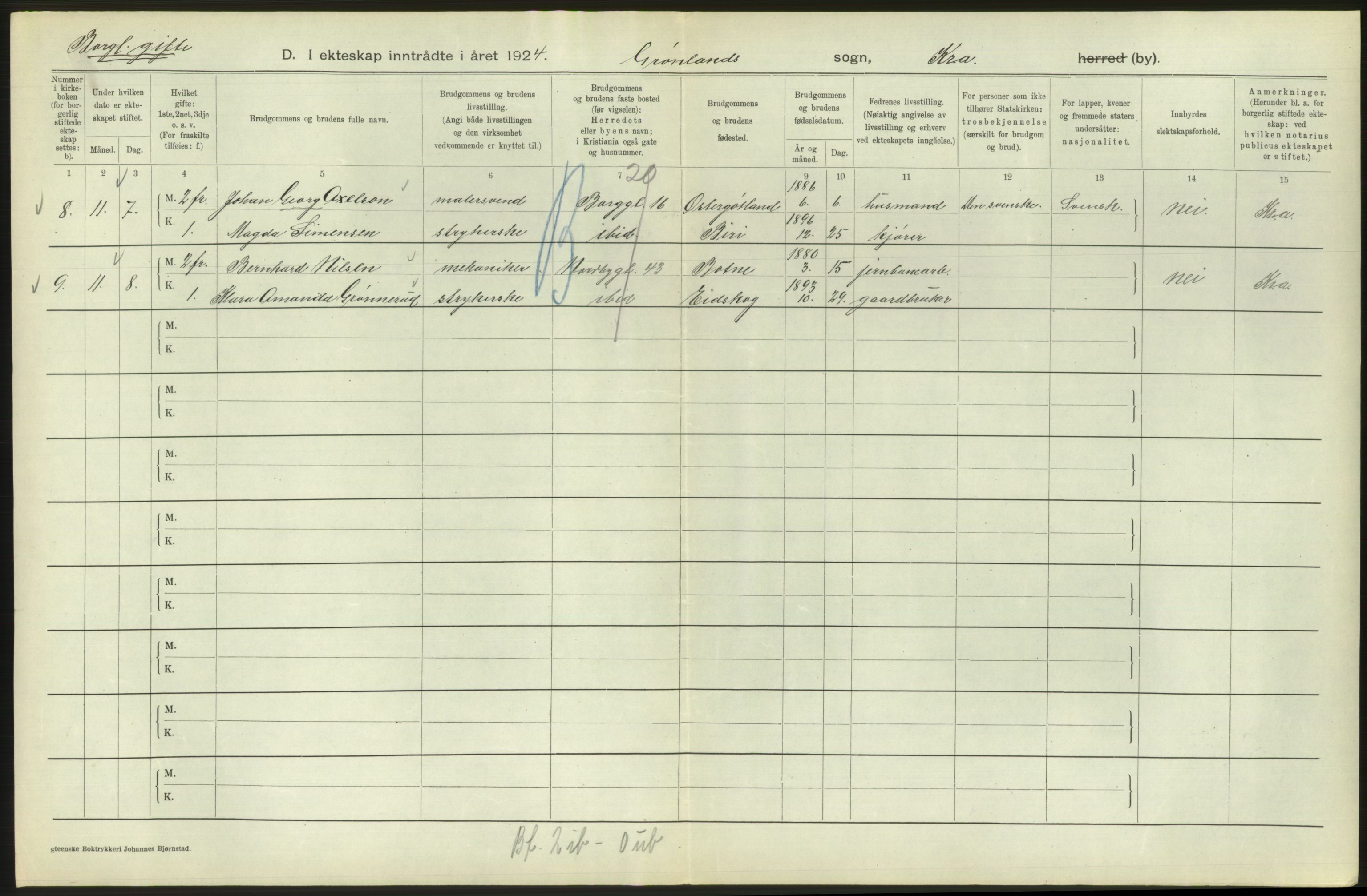 Statistisk sentralbyrå, Sosiodemografiske emner, Befolkning, AV/RA-S-2228/D/Df/Dfc/Dfcd/L0007: Kristiania: Gifte, 1924, s. 480