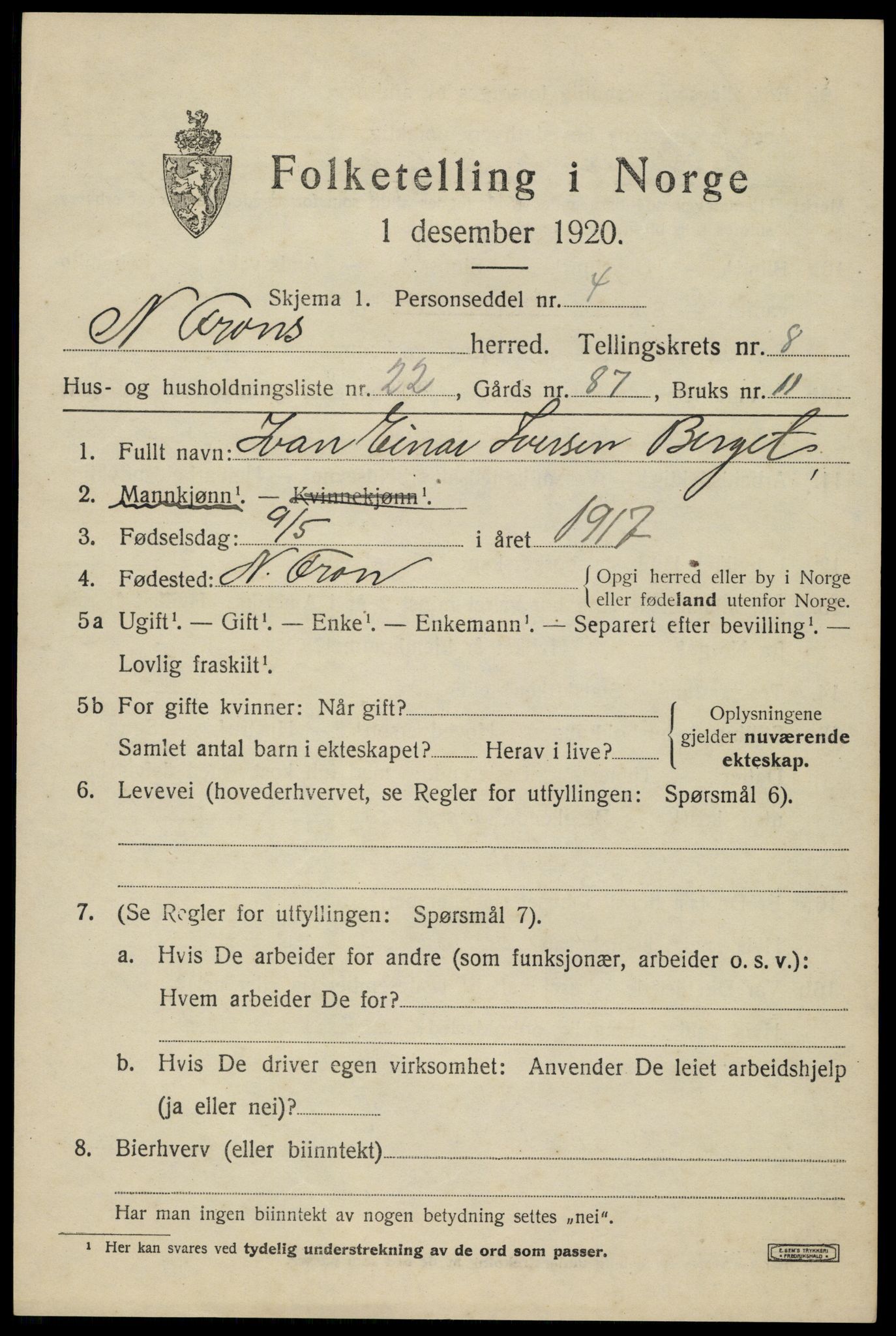 SAH, Folketelling 1920 for 0518 Nord-Fron herred, 1920, s. 7030