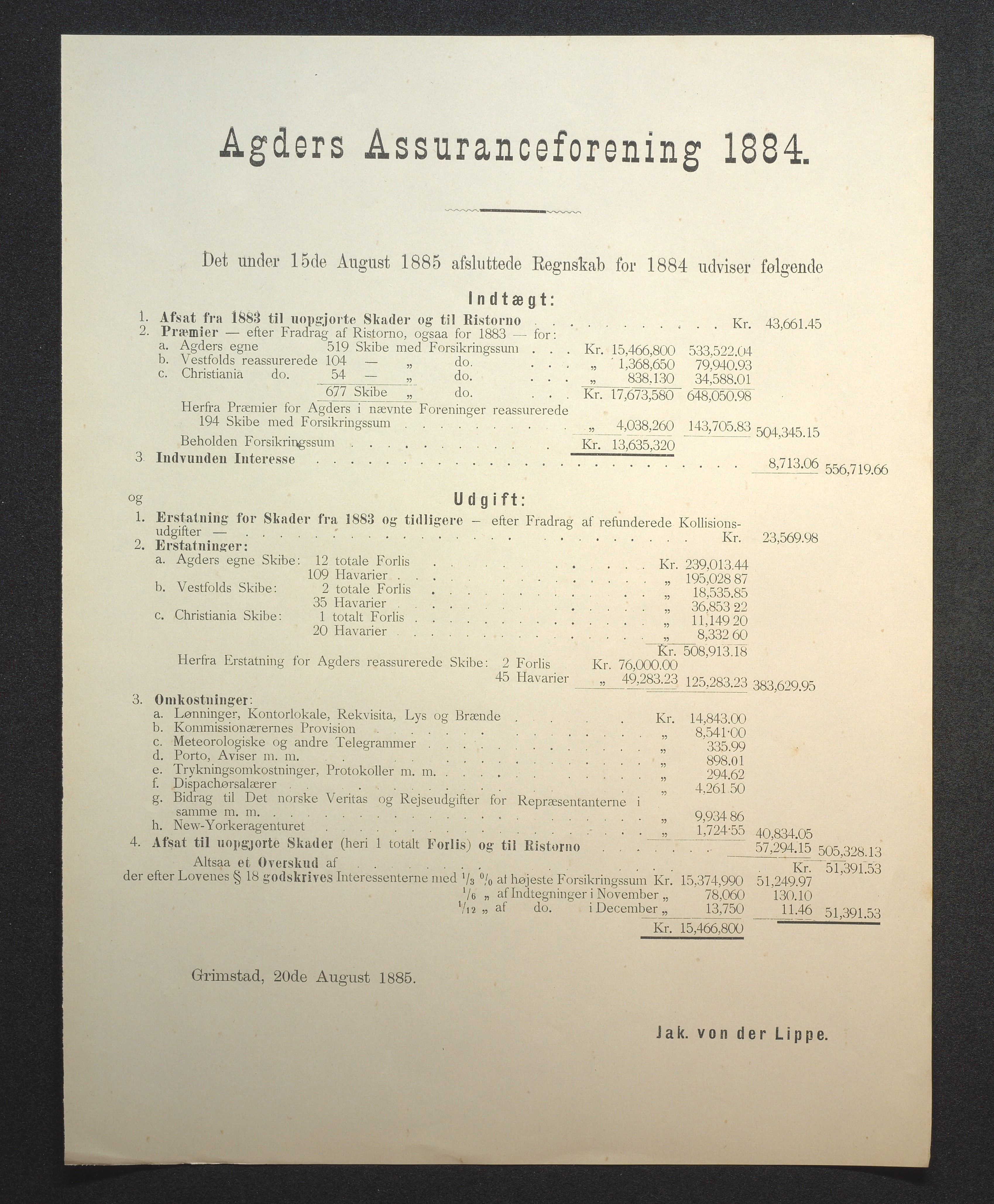 Agders Gjensidige Assuranceforening, AAKS/PA-1718/05/L0002: Regnskap, seilavdeling, pakkesak, 1881-1889