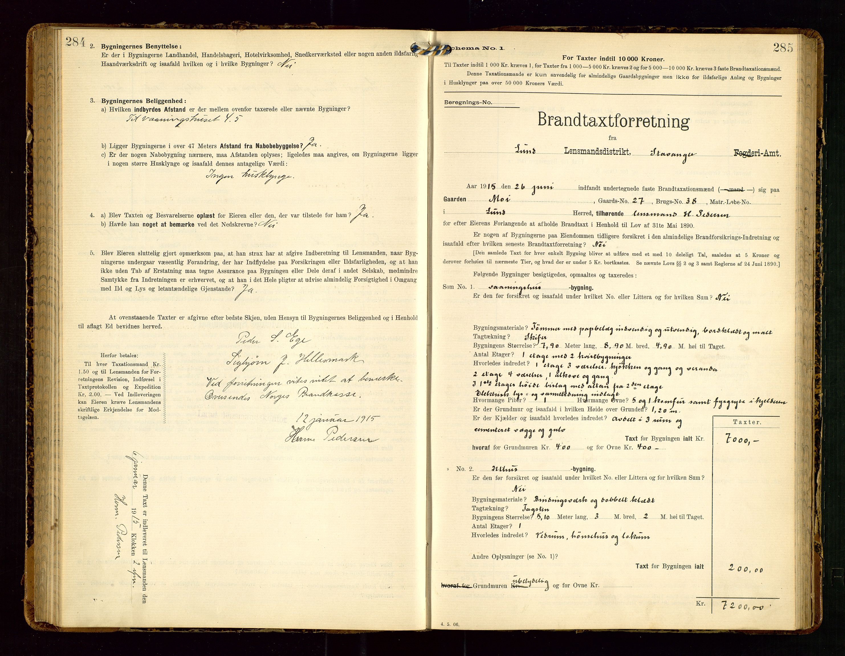 Lund lensmannskontor, SAST/A-100303/Gob/L0002: "Brandtakstprotokol", 1908-1918, s. 284-285