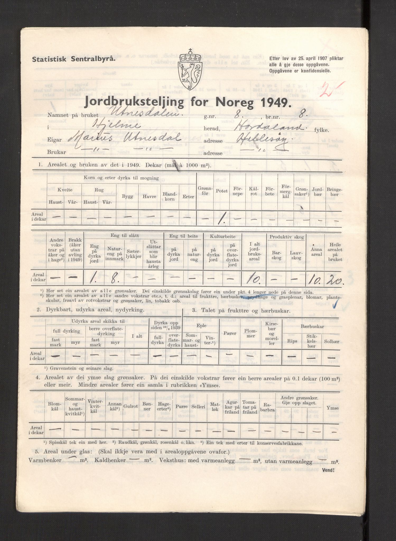 Statistisk sentralbyrå, Næringsøkonomiske emner, Jordbruk, skogbruk, jakt, fiske og fangst, AV/RA-S-2234/G/Gc/L0276: Hordaland: Herdla og Hjelme, 1949, s. 1172