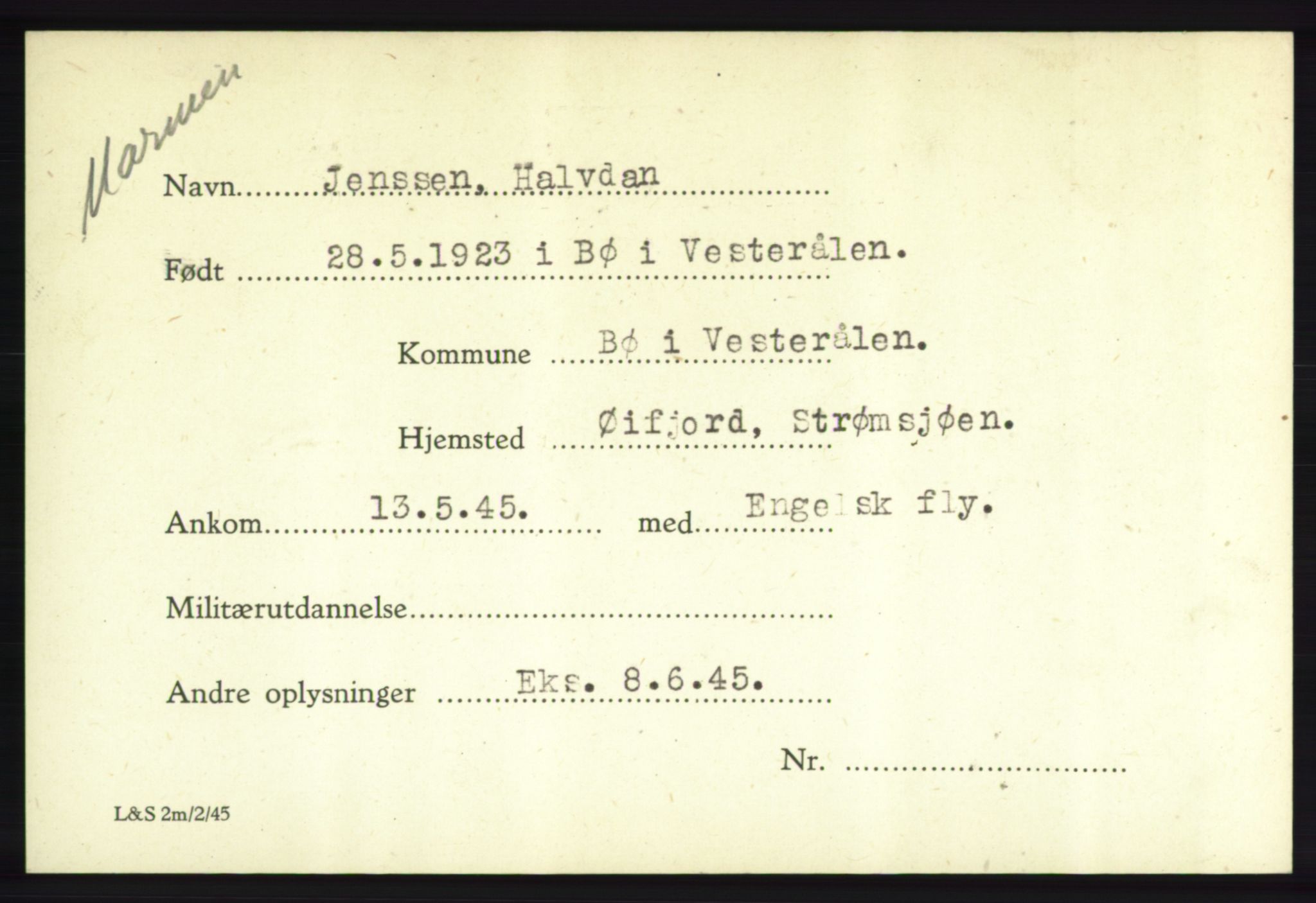 Forsvarets Overkommando. 2. kontor. Arkiv 8.1. Mottakersentralen FDE og FO.II, AV/RA-RAFA-6952/P/Pa/L0010: Jenssen - Jøsevold , 1940-1945, s. 6