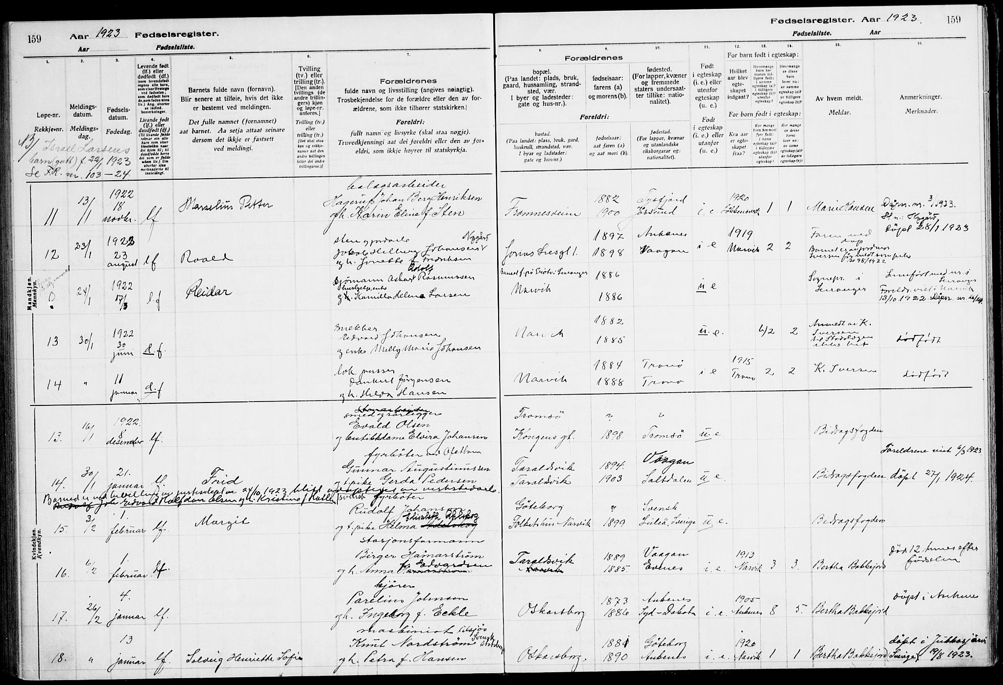 Ministerialprotokoller, klokkerbøker og fødselsregistre - Nordland, AV/SAT-A-1459/871/L1013: Fødselsregister nr. 871.II.4.1, 1916-1924, s. 159