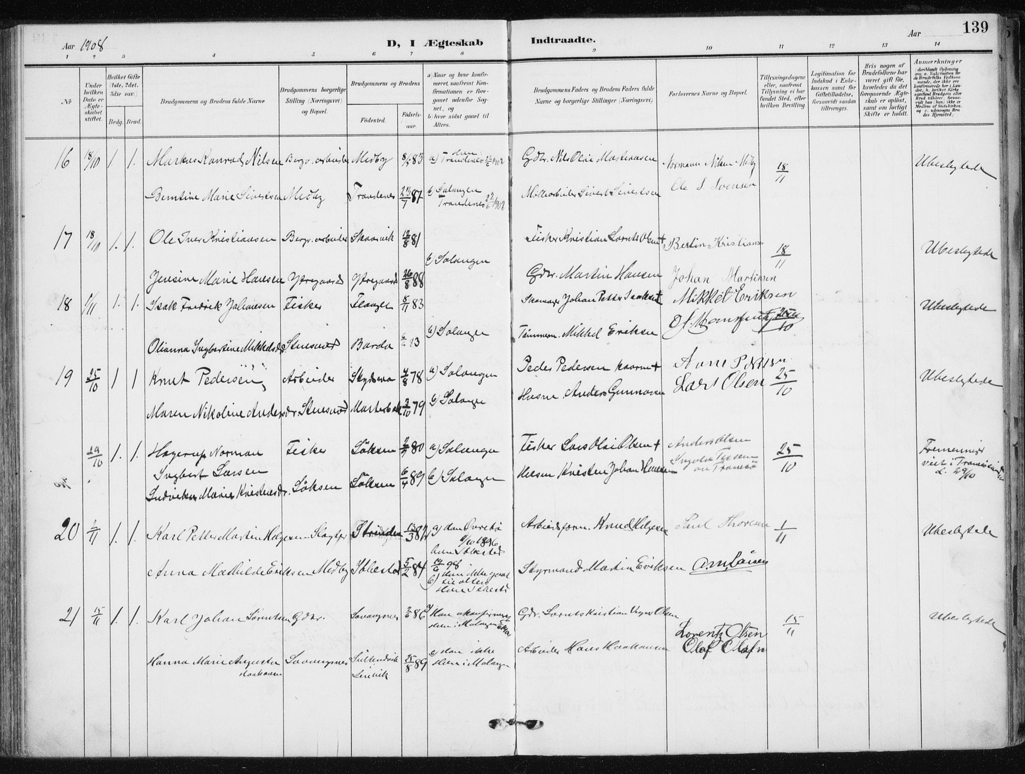 Salangen sokneprestembete, AV/SATØ-S-1324/H/Ha/L0002kirke: Ministerialbok nr. 2, 1902-1911, s. 139