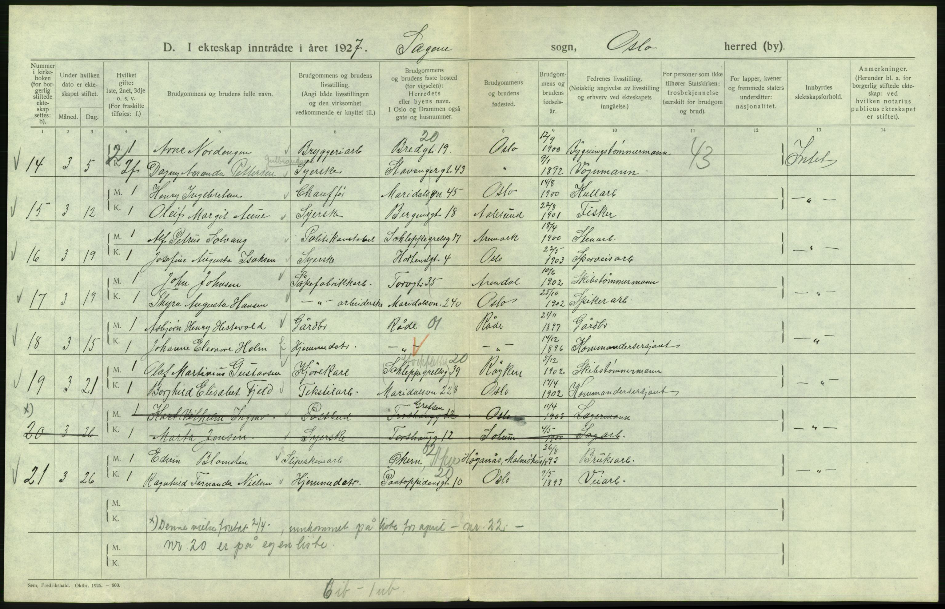 Statistisk sentralbyrå, Sosiodemografiske emner, Befolkning, AV/RA-S-2228/D/Df/Dfc/Dfcg/L0008: Oslo: Gifte, 1927, s. 342