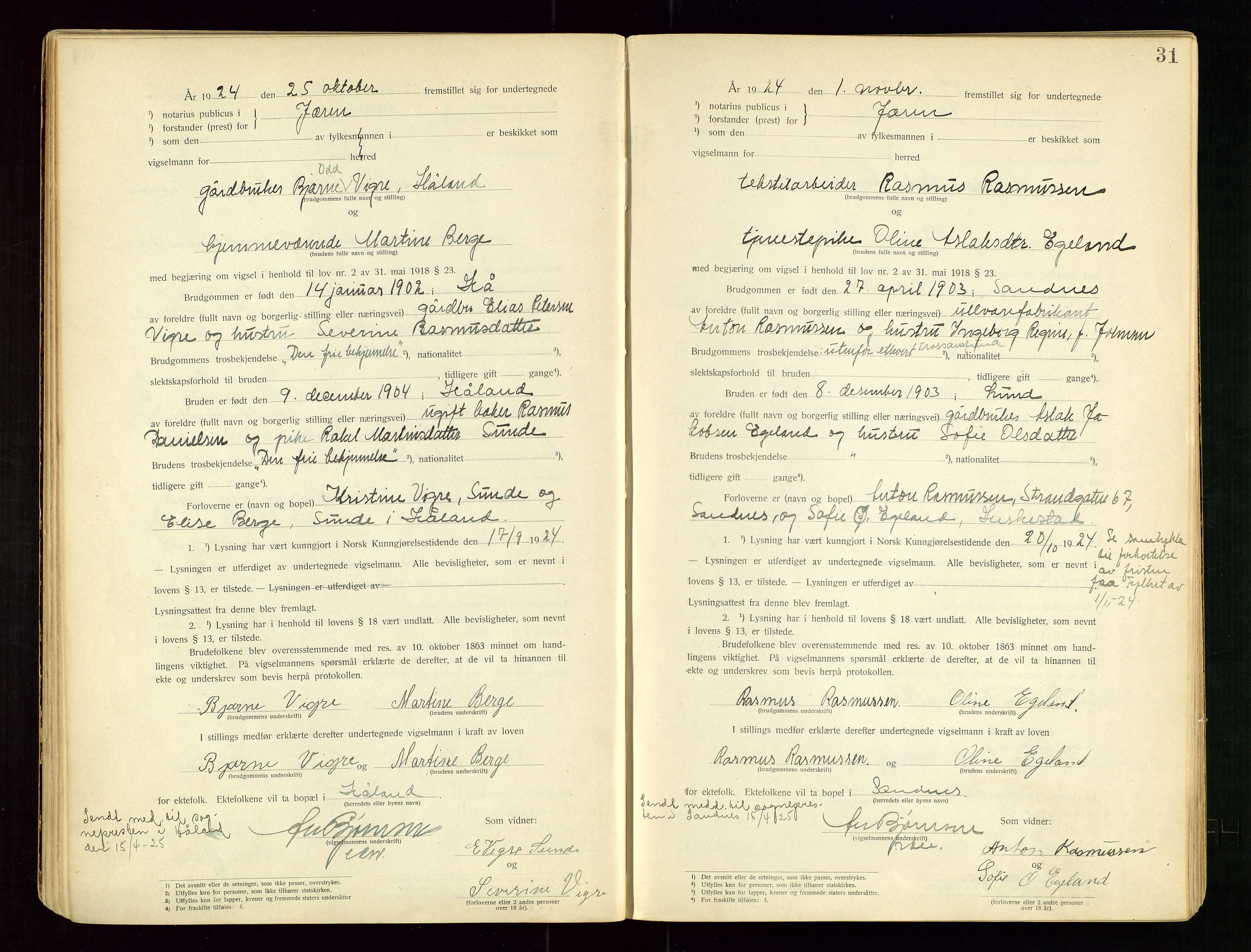 Jæren sorenskriveri, AV/SAST-A-100310/01/6/62/62BA/L0001: VIGSELSPROTOKOLL, 1920-1937, s. 31