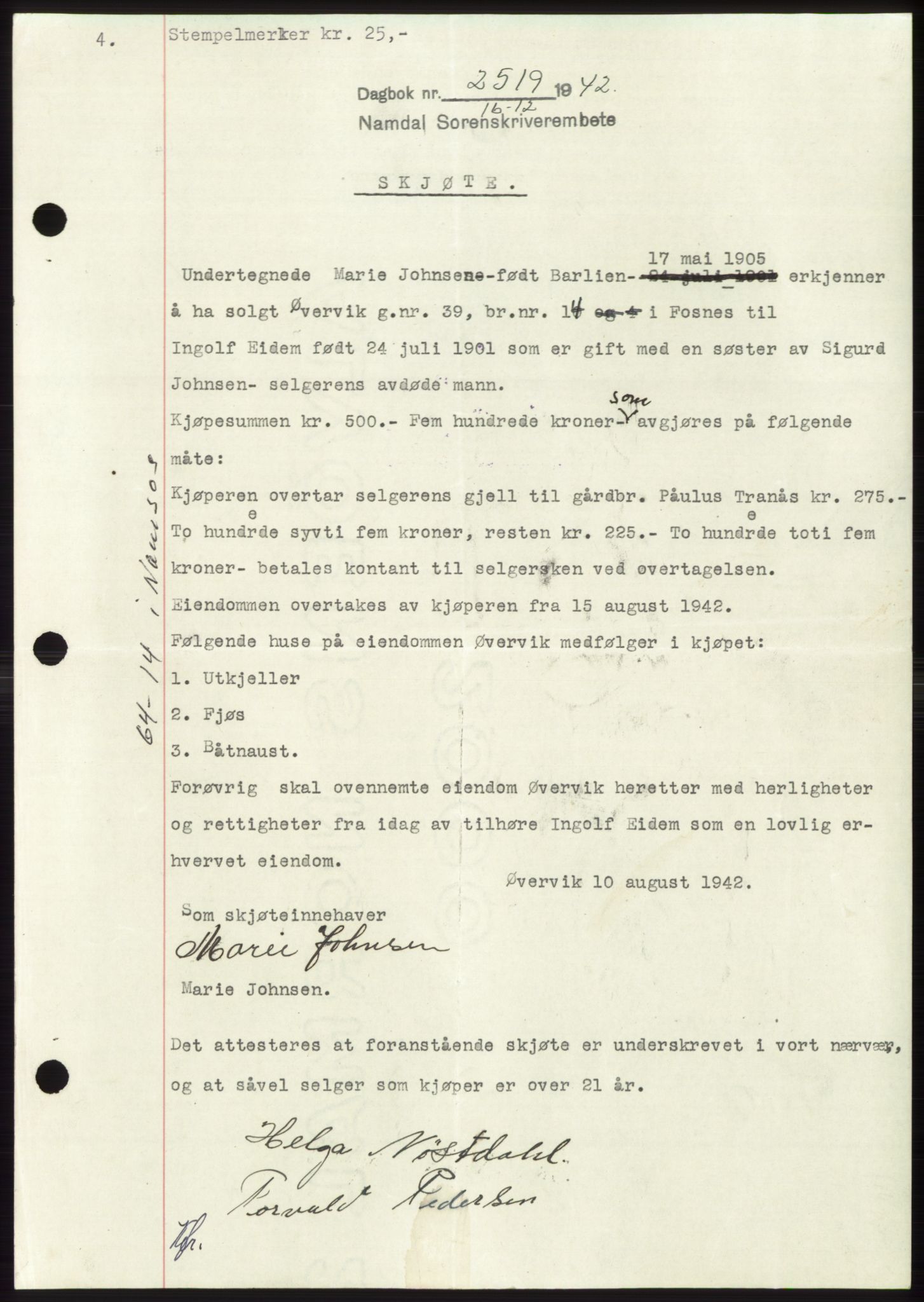Namdal sorenskriveri, SAT/A-4133/1/2/2C: Pantebok nr. -, 1942-1943, Dagboknr: 2519/1942