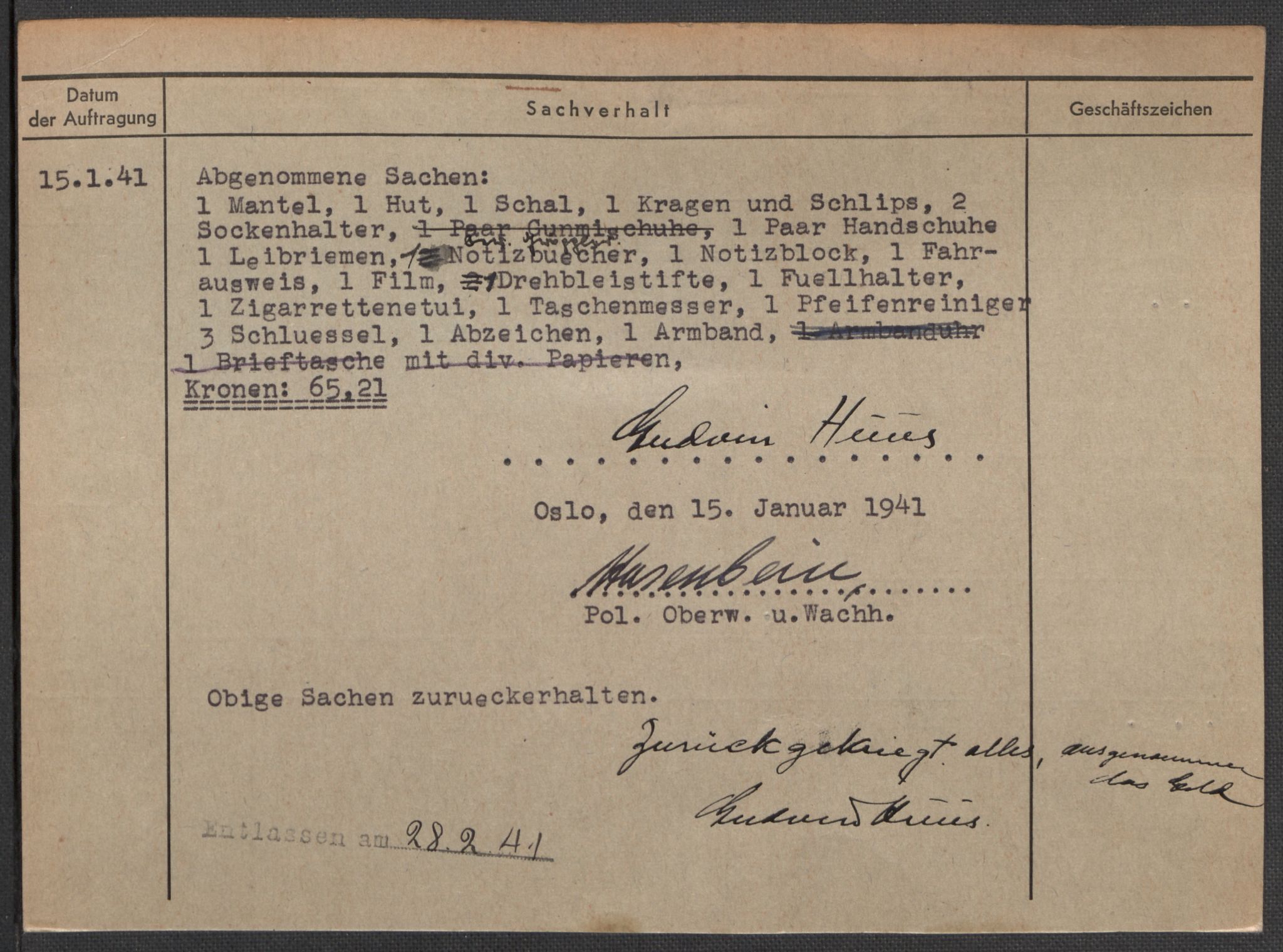 Befehlshaber der Sicherheitspolizei und des SD, RA/RAFA-5969/E/Ea/Eaa/L0004: Register over norske fanger i Møllergata 19: Hal-Hæ, 1940-1945, s. 1454