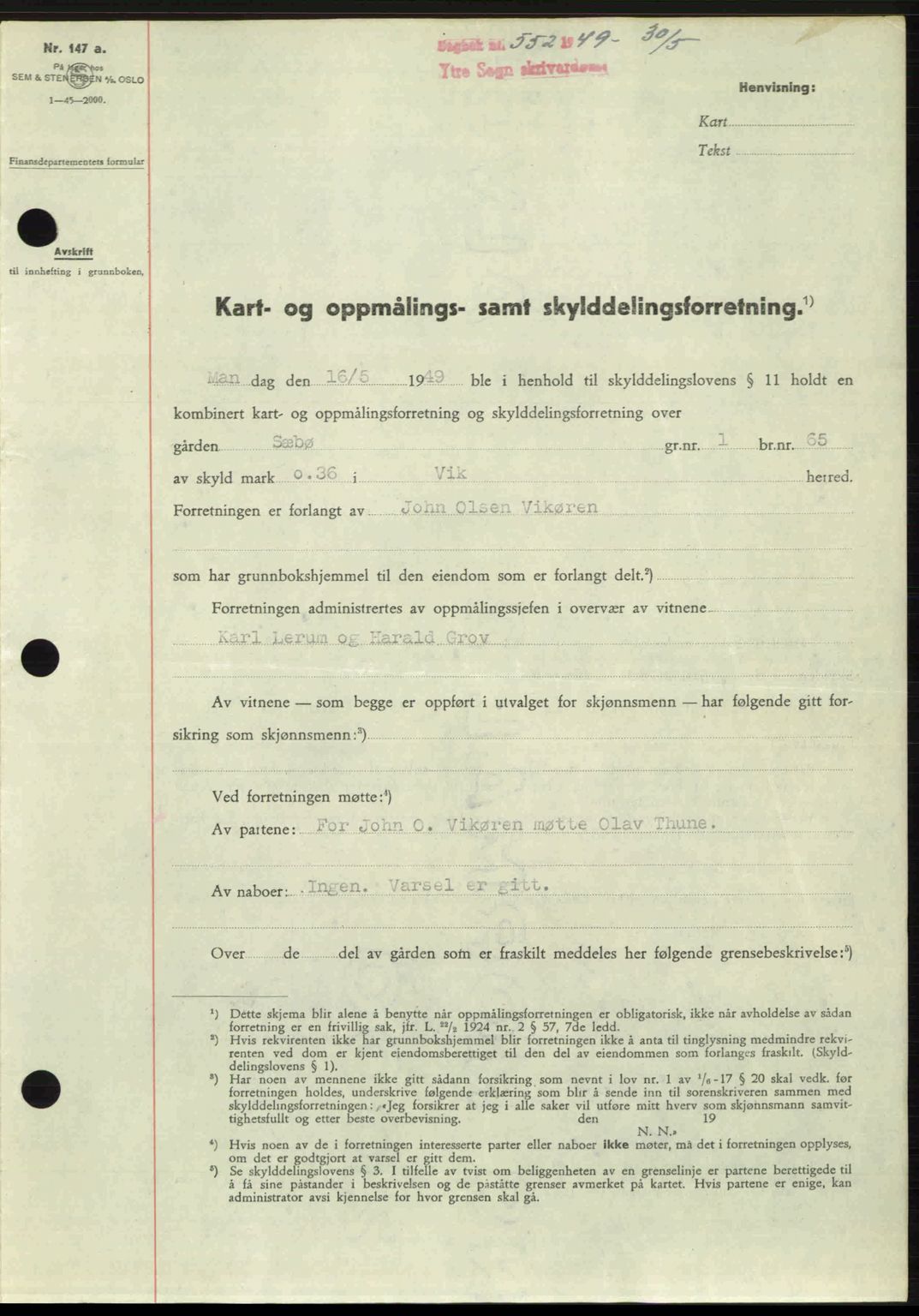 Ytre Sogn tingrett, SAB/A-2601/1/G/Gbb/L0007: Pantebok nr. A4 - A5 (B3), 1949-1949, Dagboknr: 552/1949