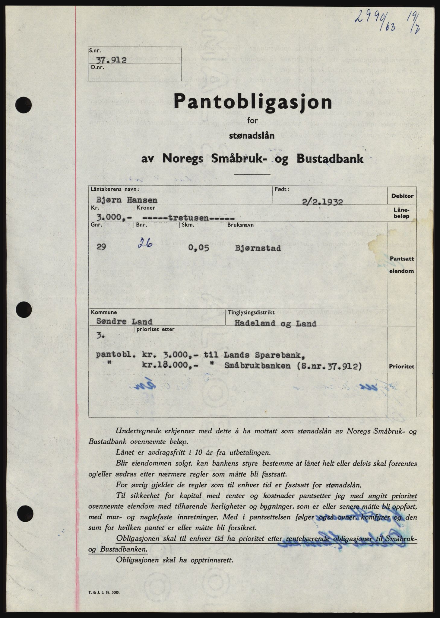 Hadeland og Land tingrett, SAH/TING-010/H/Hb/Hbc/L0052: Pantebok nr. B52, 1963-1963, Dagboknr: 2990/1963