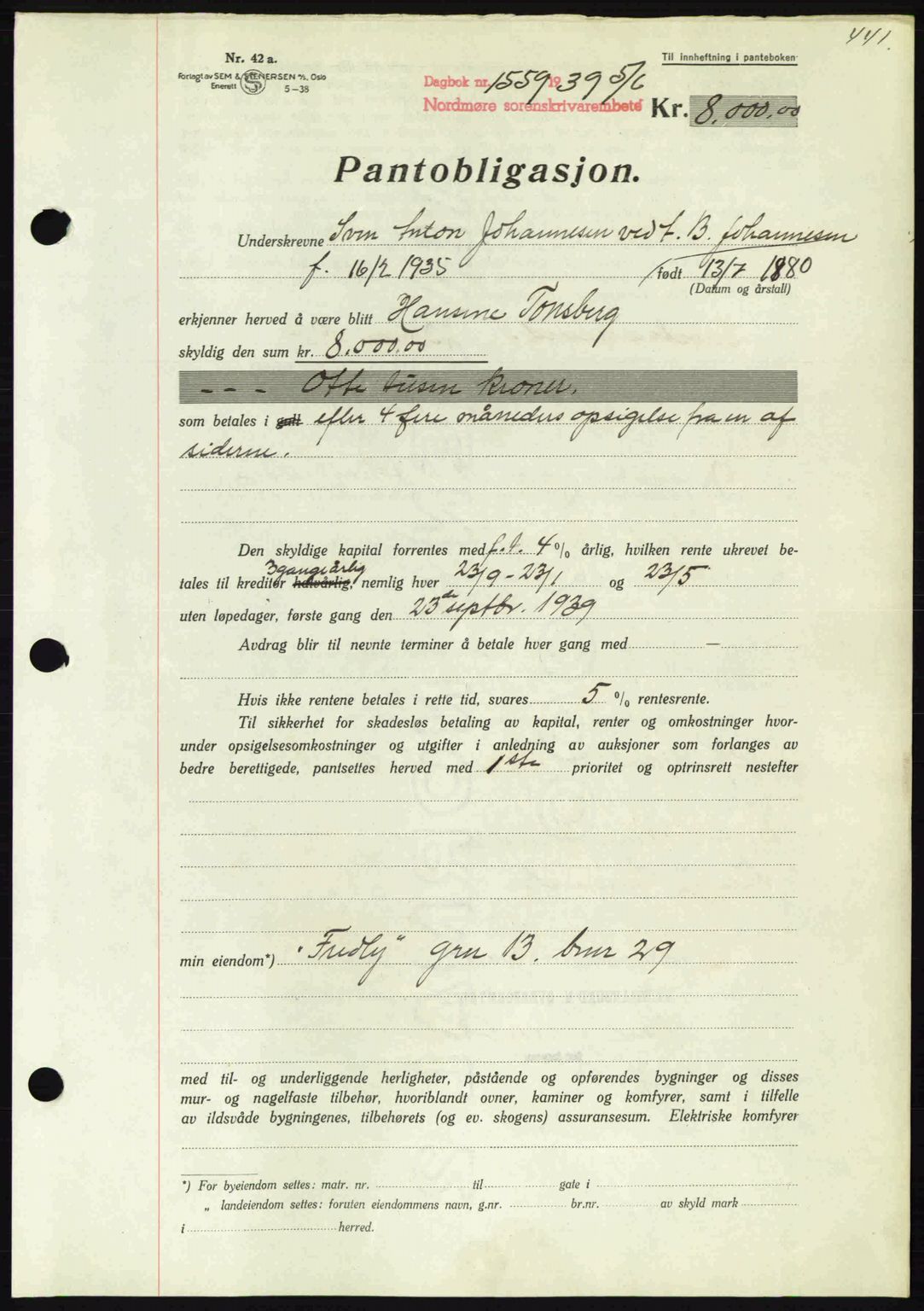 Nordmøre sorenskriveri, AV/SAT-A-4132/1/2/2Ca: Pantebok nr. B85, 1939-1939, Dagboknr: 1559/1939