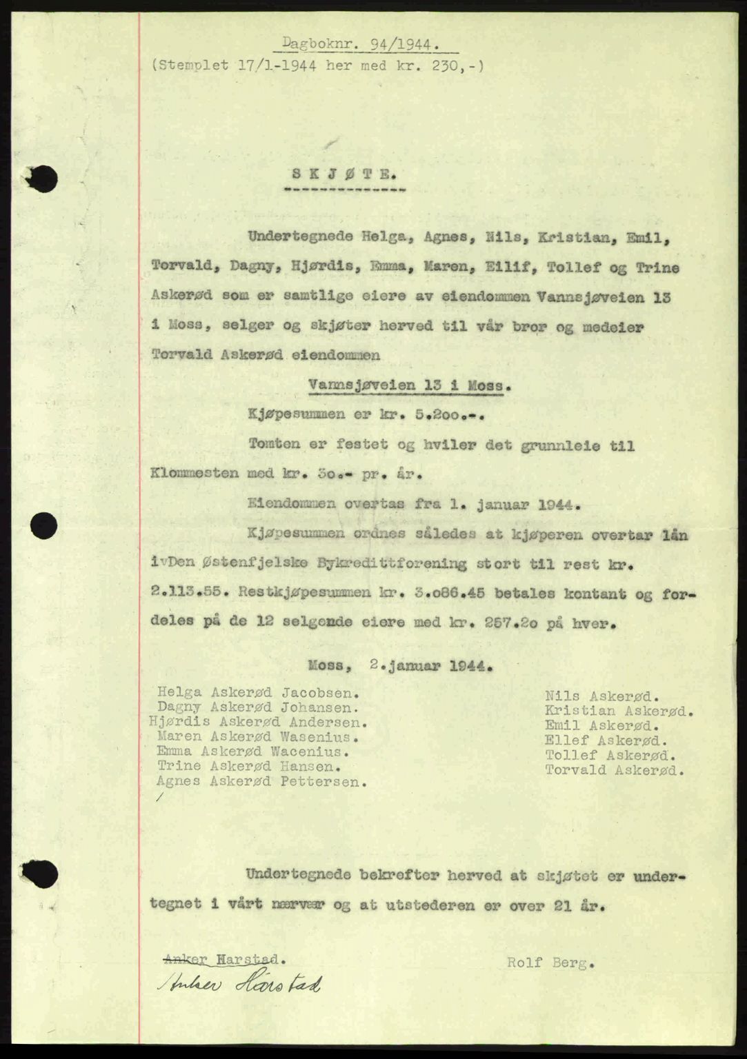Moss sorenskriveri, SAO/A-10168: Pantebok nr. A12, 1943-1944, Dagboknr: 94/1944