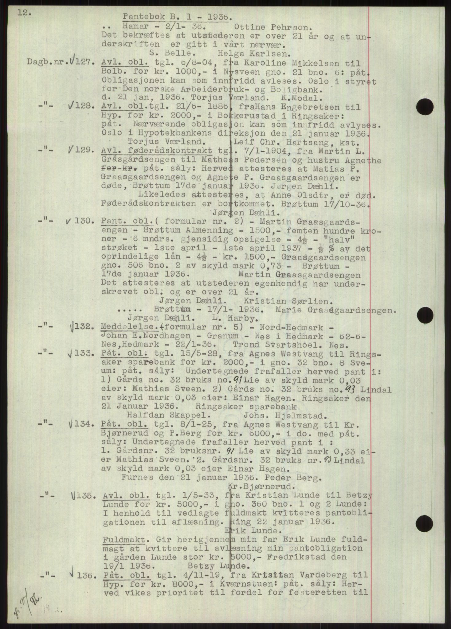 Nord-Hedmark sorenskriveri, SAH/TING-012/H/Hb/Hbf/L0001: Pantebok nr. B1, 1936-1936, Dagboknr: 127/1936