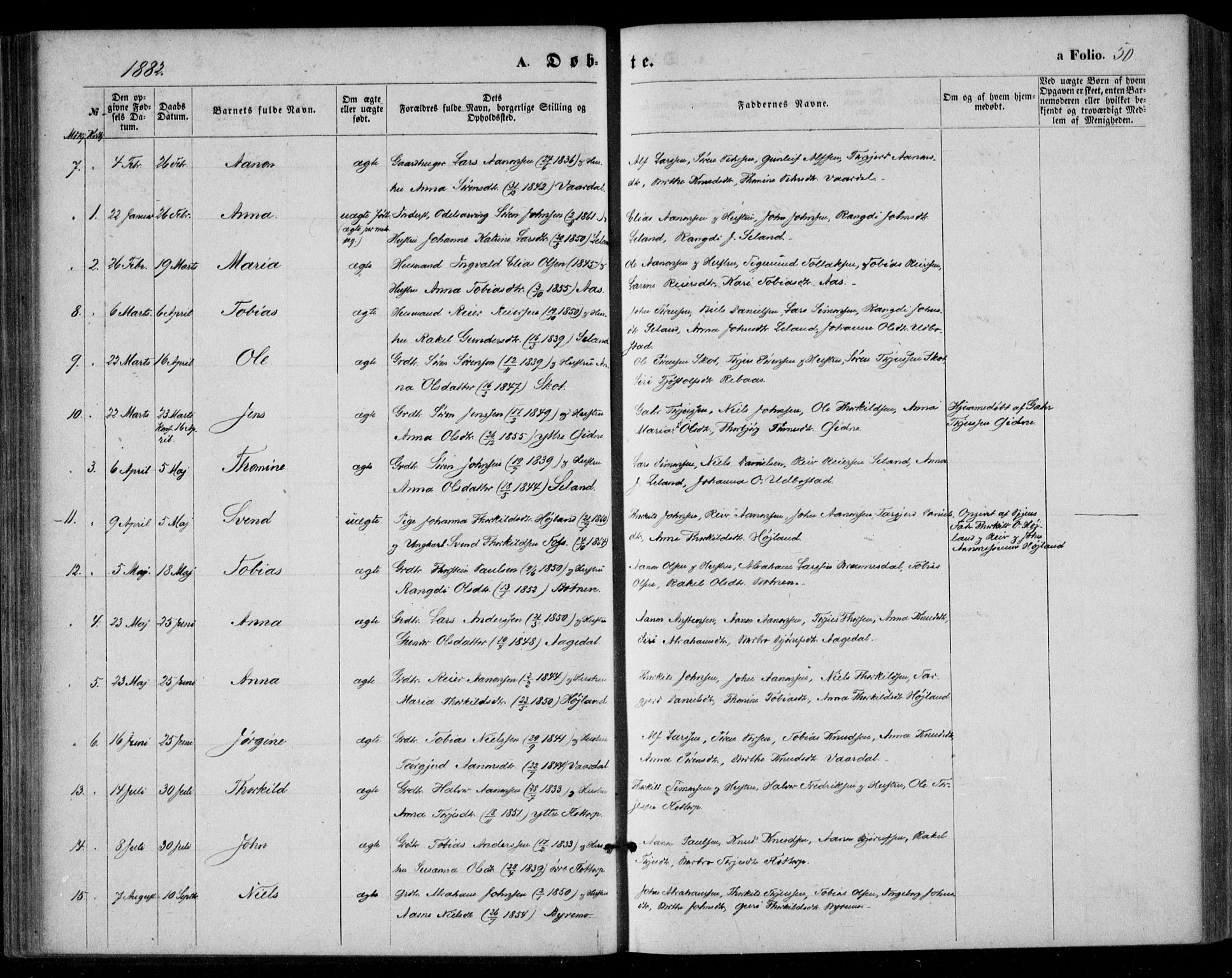 Bjelland sokneprestkontor, AV/SAK-1111-0005/F/Fa/Fac/L0002: Ministerialbok nr. A 2, 1866-1887, s. 50