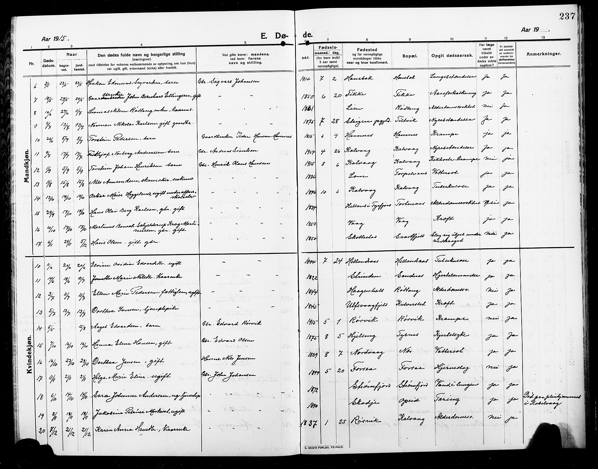 Ministerialprotokoller, klokkerbøker og fødselsregistre - Nordland, AV/SAT-A-1459/859/L0861: Klokkerbok nr. 859C07, 1910-1925, s. 237