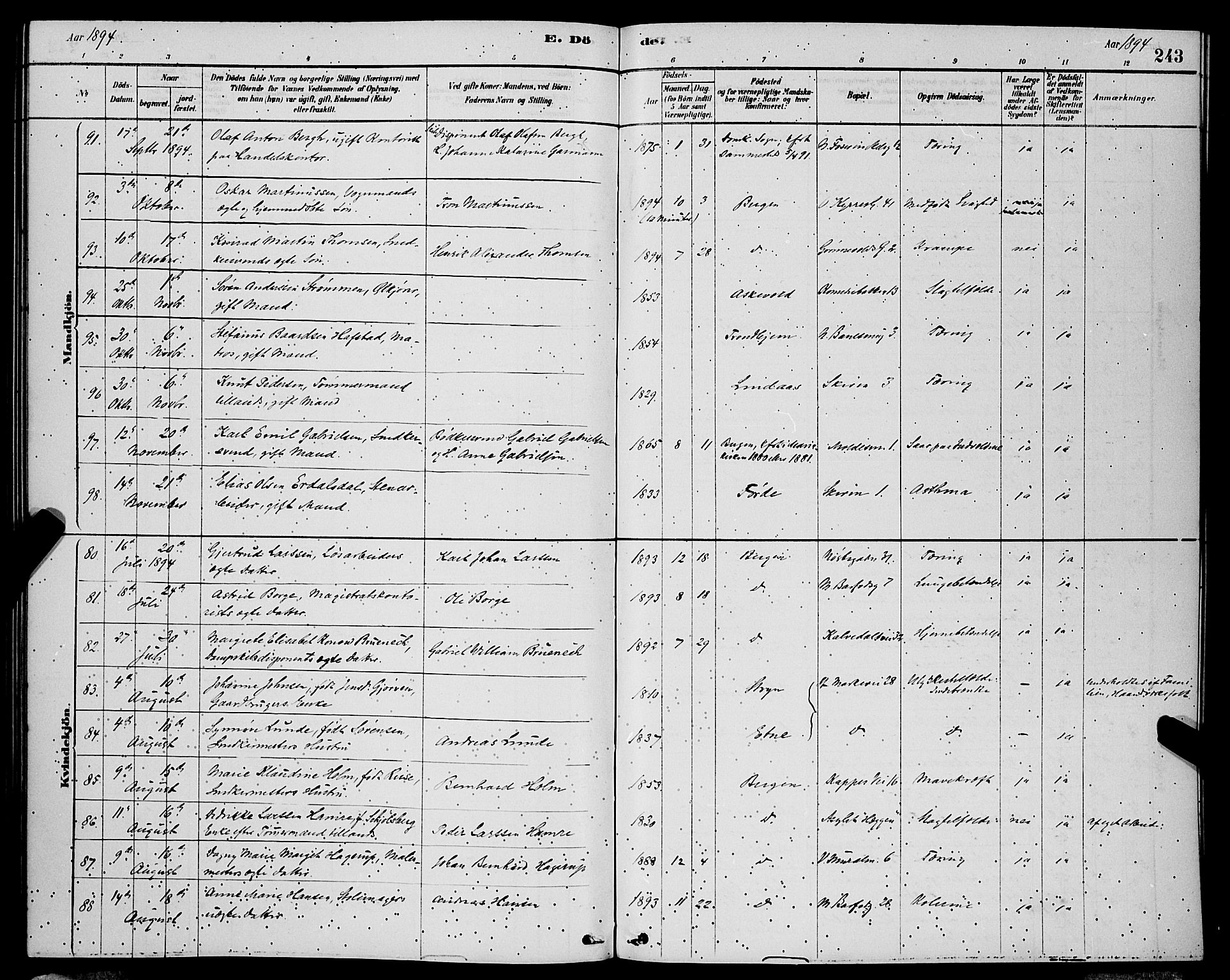 Domkirken sokneprestembete, AV/SAB-A-74801/H/Hab/L0041: Klokkerbok nr. E 5, 1878-1900, s. 243