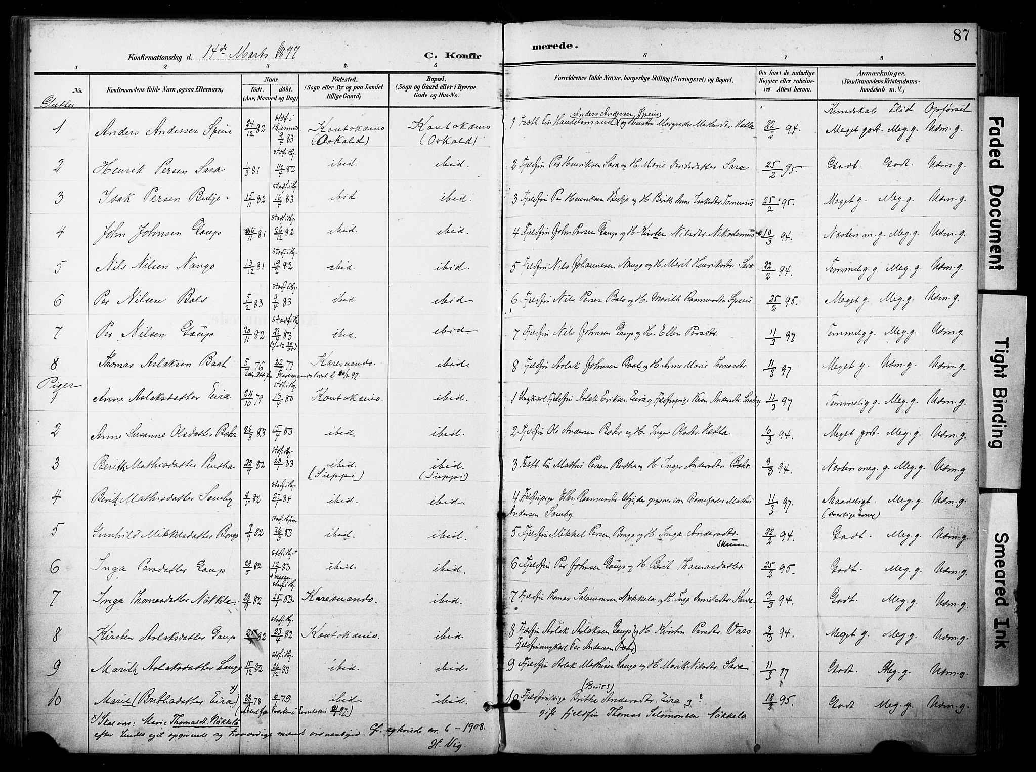 Kautokeino sokneprestembete, AV/SATØ-S-1340/H/Ha/L0005.kirke: Ministerialbok nr. 5, 1896-1916, s. 87