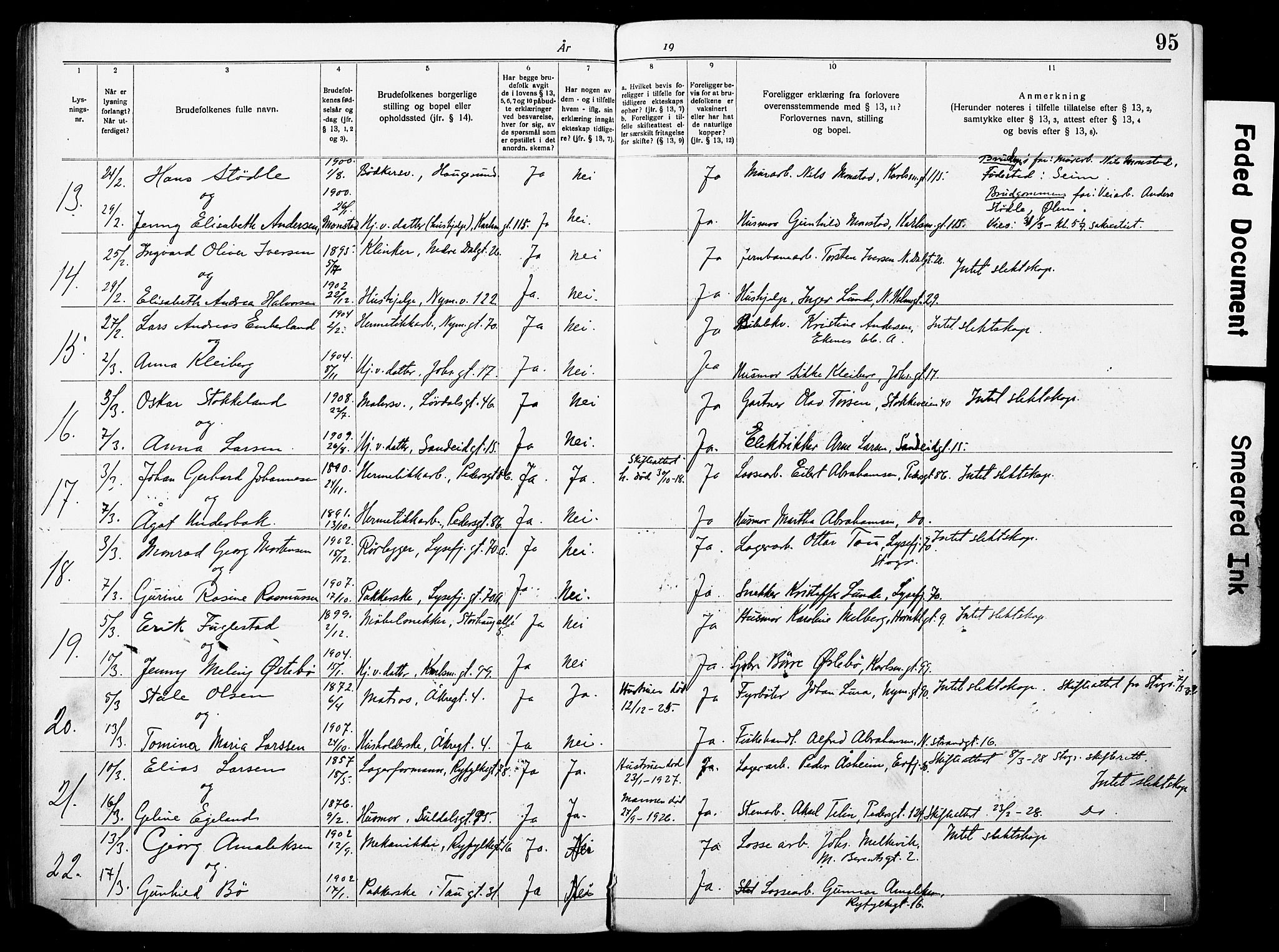 St. Johannes sokneprestkontor, AV/SAST-A-101814/001/70/705BA/L0004: Lysningsprotokoll nr. 4, 1919-1928, s. 95