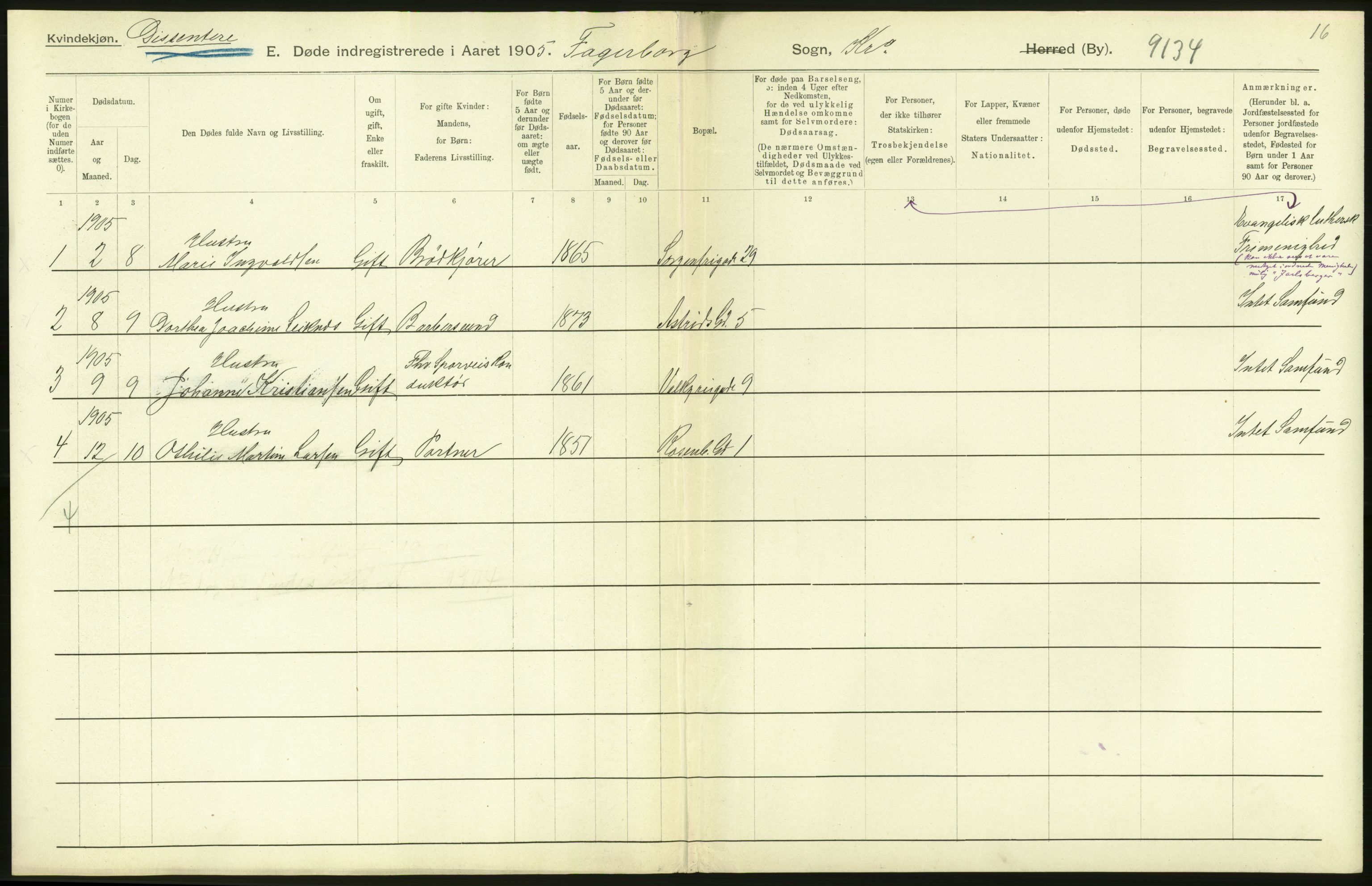 Statistisk sentralbyrå, Sosiodemografiske emner, Befolkning, RA/S-2228/D/Df/Dfa/Dfac/L0007a: Kristiania: Døde, dødfødte., 1905, s. 134