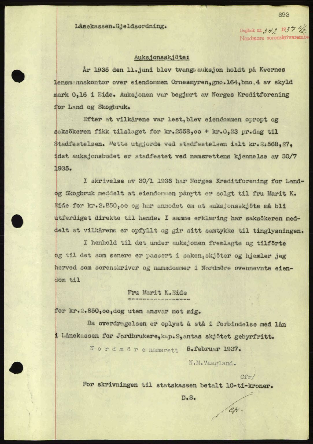 Nordmøre sorenskriveri, SAT/A-4132/1/2/2Ca: Pantebok nr. A80, 1936-1937, Dagboknr: 342/1937