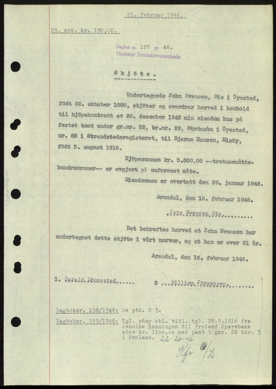 Nedenes sorenskriveri, AV/SAK-1221-0006/G/Gb/Gba/L0054: Pantebok nr. A6c, 1946-1946, Dagboknr: 157/1946